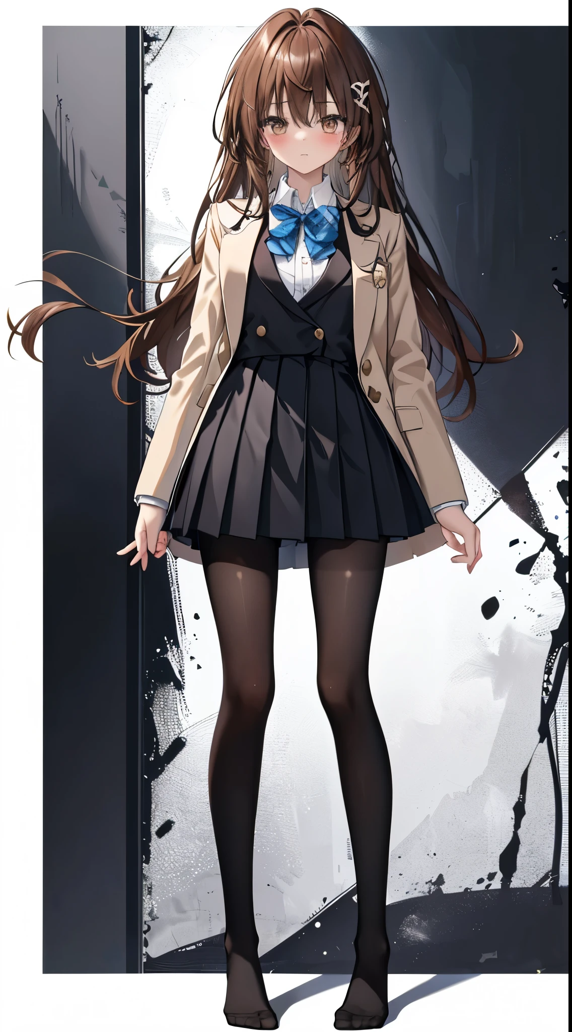 finest, masterpiece, High resolution, (Full body view from head to toe), front, frontやや下からの構図, Symmetrical, 18 year old girl, alone, (whole body from head to toe), small breasts, brown hair, slightly messy hair, long hair, bangs, (black tights), ( (black pantyhose), black pantyhose, (M-shaped legs), show me your white panties, Slender legs, とても美しい18 year old girl, (not wearing shoes), blush, shy big eyes, messy hair, looking at camera, Blazer uniform appearance、Checkered pleated skirt