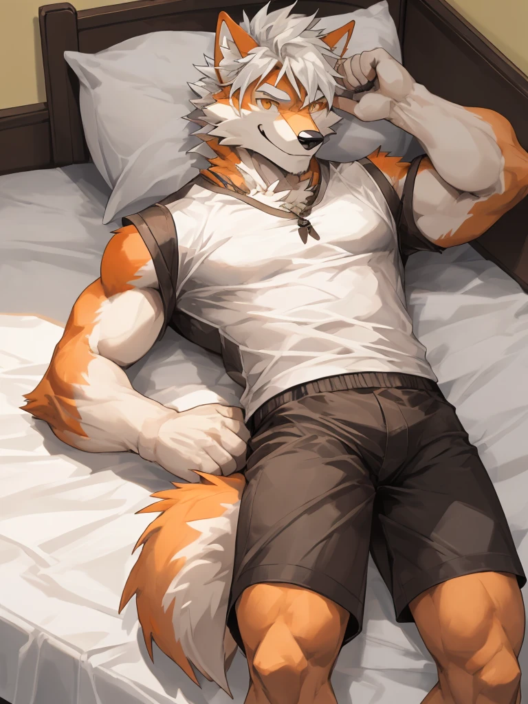 1man, Correct body structure, Correct finger structure, Correct pupil structure, single person, ((orange fur)), wolf, white hair, smile, brown pupils, wolf tail, strong, Medium length hair, In the dormitory, lying in bed, Black shorts