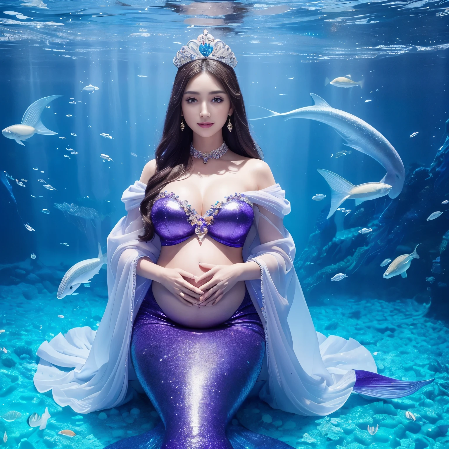 (highest quality、table top、8K、best image quality、hyper realism)、(The most extravagant and extravagant mermaid goddess:1.2)、(The most extravagant and gorgeous mermaid princess:1.2)、(The most realistic and perfect mermaid tail and scales:1.2)、(The most realistic and perfect mermaid tail:1.3)、(The most luxurious and finest transparent sleeve:1.1)、(Sitting on the most luxurious and high-end giant bed:1.25)、(upper body photo:1.1)、(The wall of the room is a huge high quality aquarium:1.2)、(A huge, highly detailed aquarium of the highest quality:1.3)、(Surrounded by a huge aquarium of the highest quality:1.2)、(The highest quality aquarium with the most fantastic dome-shaped ceiling:1.2)、(Detailed depiction of the most beautiful gigantic aquarium that shines fantastically:1.2)、(Surrounded by the most luxurious and fantastical huge purple and blue aquarium:1.2)、(Huge aquarium with the most detailed depiction of marine life:1.2)、(Sparkling purple and blue、Luxurious princess room with the most magical domed ceiling:1.2), (Glowing room made of the most magical purple and blue sparkling crystals:1.3)、(There are many beautiful corals and shells in the room.)、(the best smile when you look at me:1.2)、Wavy brown hair、Complex, Finely shining scales、(Finest Huge Jewelry Decoration:1.1)、The most gorgeous luxury princess costume、the most luxurious decoration、全身にComplex宝石が施されている、Please describe her face in detail、Giant tiara、Clear and detailed background、(Everything is a fantastic and glittering background:1.1)、(accurate anatomy:1.1)、(The most luxurious and huge finest jewelry decoration:1.1)、(slightly pregnant:1.1)