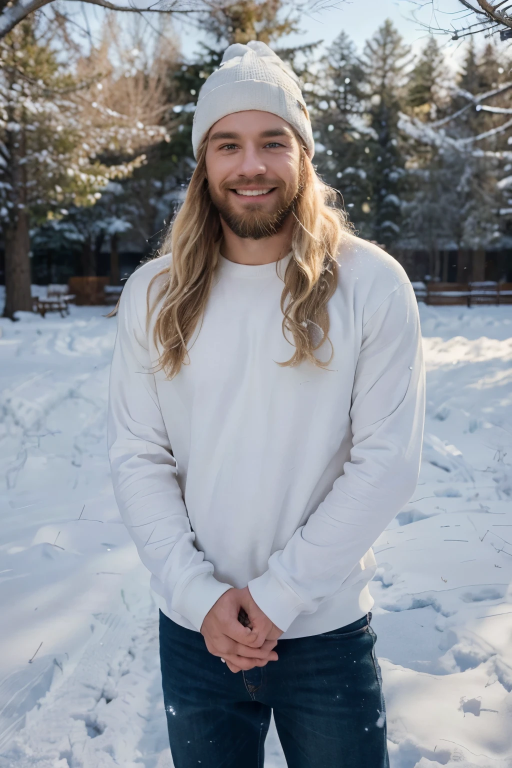 ((perfect photograph)), ((realistic)), ((8k)), (perfect face), gorgeous white man with short long blonde wavy hair and beard, wearing a straight long white long sweat shirt and dark jeans and a black beanie, standing towards the camera, snowing, torso facing camera, outdoors, lots of light, smiling, large dark oak trees, lots of snow