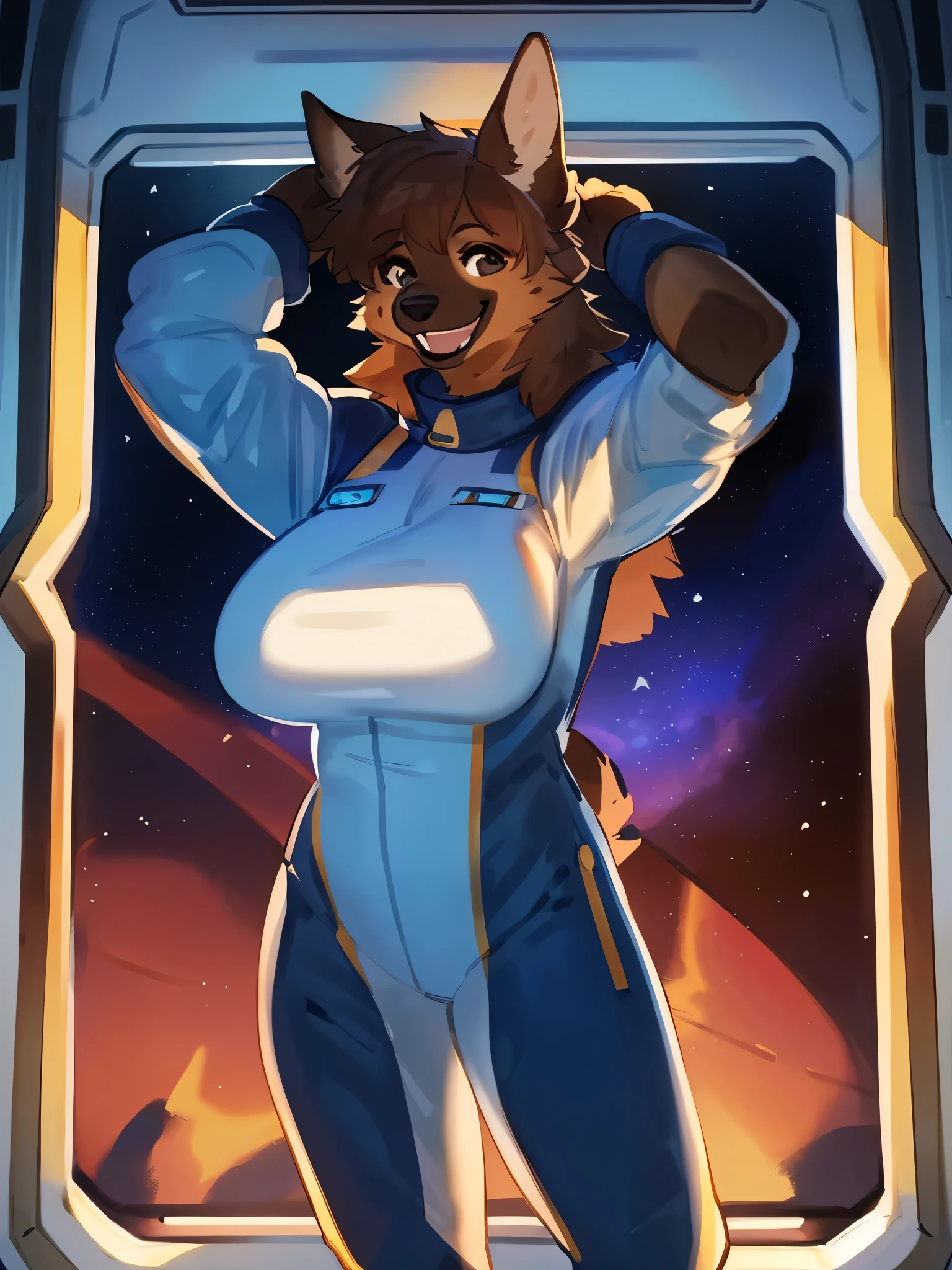 By bebebebebe, by lostgoose, by goonie-san, solo, female, canine, german shepherd, fluffy, standing, standing, (hair), big breasts, anime inspired spacesuit, turtleneck, cleavage spaceship, space, window, smiling, happy, excited, detailed eyes, dynamic pose