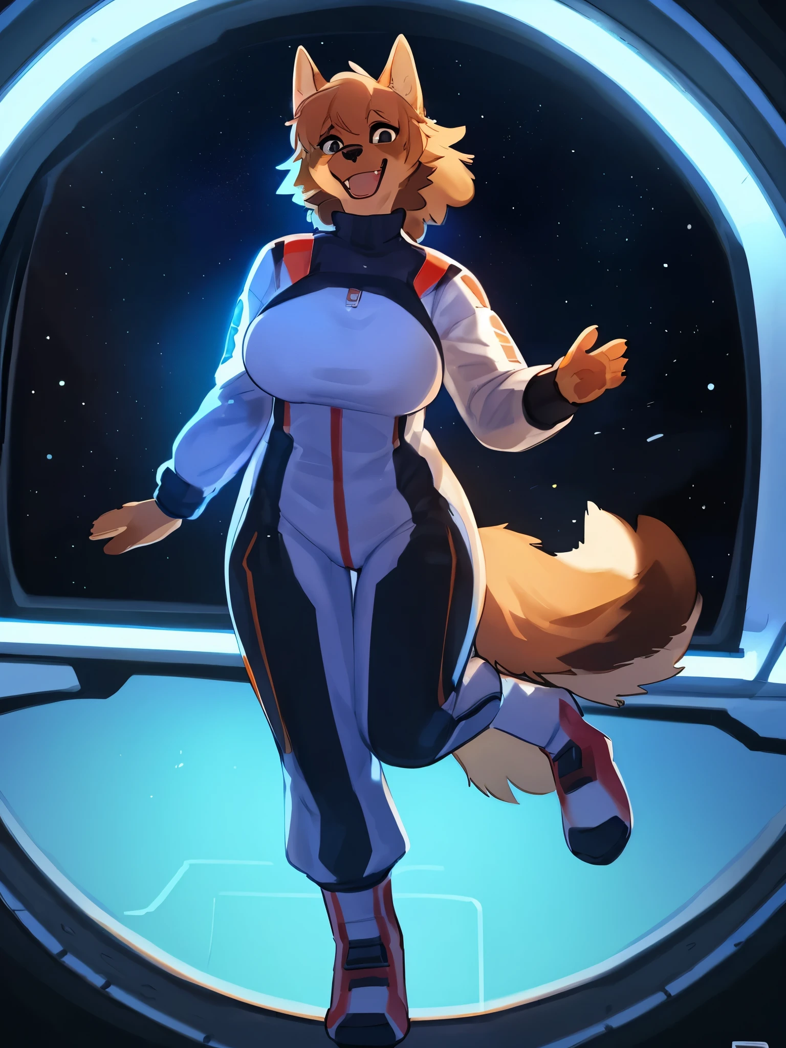 By bebebebebe, by lostgoose, by goonie-san, solo, female, canine, german shepherd, fluffy, standing, standing, (hair), big breasts, anime inspired spacesuit, turtleneck, cleavage spaceship, space, window, smiling, happy, excited, detailed eyes, dynamic pose