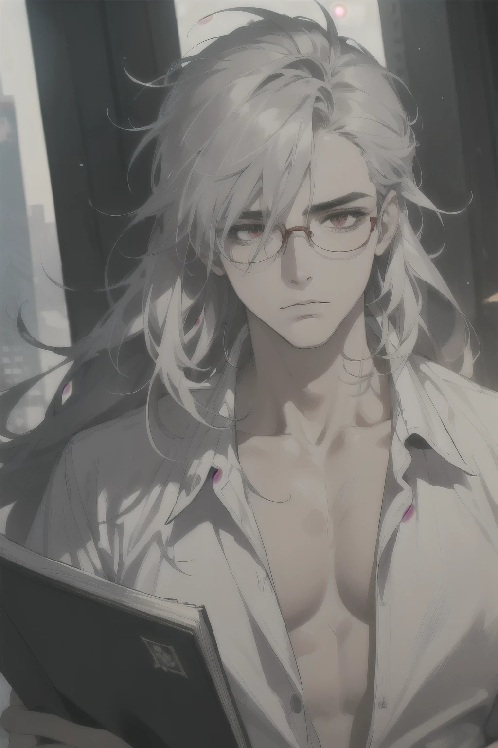 midjourney, ((best quality)), ((masterpiece)), (detailed), perfect face, 1male, handsome male, 30 to 40 years old, ((silver hair, extra long hair, messy hair)), ((red eyes)), depth of field, reading glasses, dark circles under eyes, tired expression, fat (chubby), ((clean shaven)), cyberpunk aesthetic, vivid colors, ((shirtless))