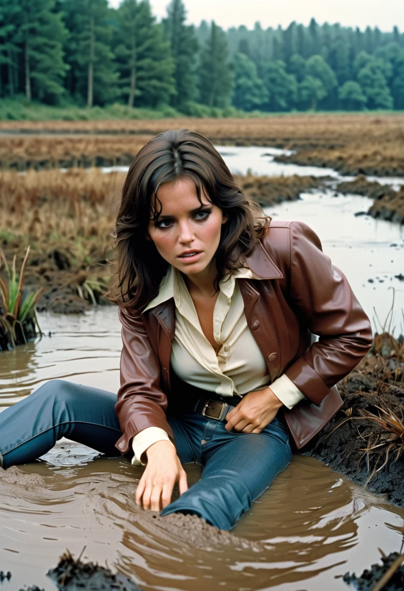 70s setting, 1woman in [wet+muddy jeans] and blouse and jacket experiences sexual tension and shame while drowning in bog