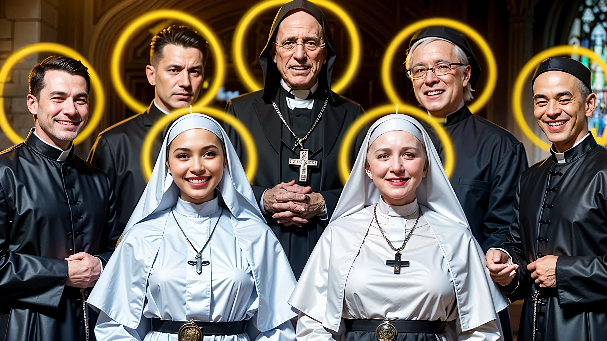 group of priest men and women dressed in black and white robes with creepy smile, two nuns smiling creepy, two nuns, nun outfit, religious robes, servants, catholic, 💣 💥💣 💥, nun, wearing black robes, beyonce as the pope, wearing robes and neckties, style blend of the vatican, two nuns wearing white nun outfit, very detailed image, 16k resolution, caught on camera, all smiling wide, very scary smile, very detailed, have angel halo on the back and glowing red eyes