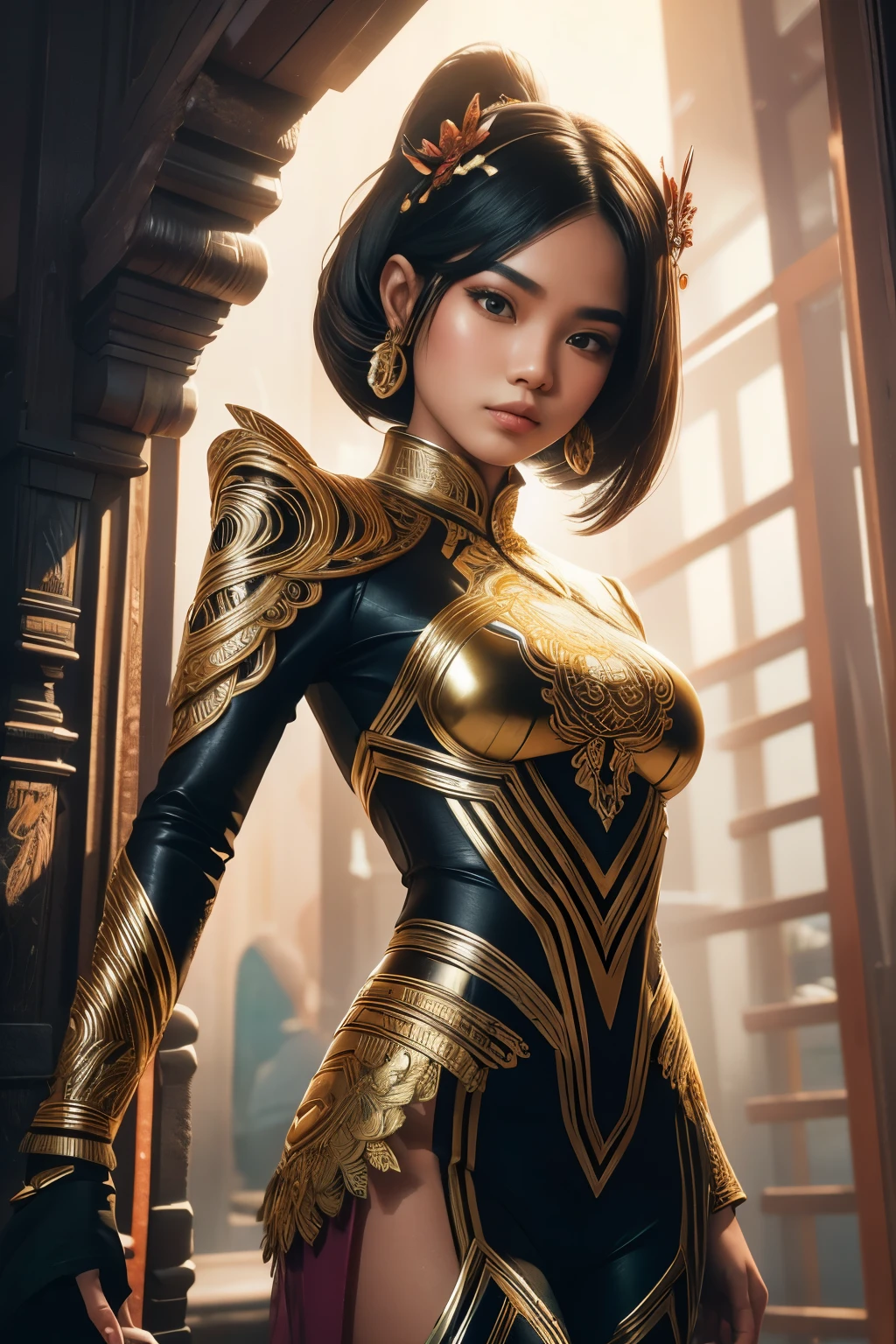 An Indonesian-styled futuristic suit worn by a girl depicting cultural fusion and modern fashion. The suit is adorned with intricate patterns and vibrant colors, showcasing the rich heritage of Indonesia. The girl stands confidently in a dynamic pose, with her detailed eyes reflecting determination and curiosity. The suit's material is a combination of traditional textiles and futuristic synthetic fabrics, giving it a unique and avant-garde appearance. The overall image quality is of the highest standard, with sharp focus and ultra-detailed rendering. The artwork employs physically-based rendering techniques, resulting in realistic lighting and shadows. The colors are vivid and vibrant, capturing the essence of Indonesian cultural aesthetics. The background features a fusion of modern architecture and traditional elements, creating a harmonious blend of the past and the future. The prompt explores the intersection of Indonesian culture, futuristic design, and the artistic representation of a confident girl.