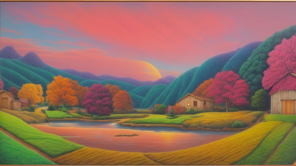 Painting of a rural landscape with a river and a house, dream landscapeの絵, jim warren, a surreal dream landscape, blissful landscape, psychedelic landscape, color field painting. 8K, korean artist, surreal landscape, pink landscape, dreamlike landscape, dream landscape, surrealist landscape painting, quirky fantasy landscape art, surreal dream landscape, in a surreal dream landscape