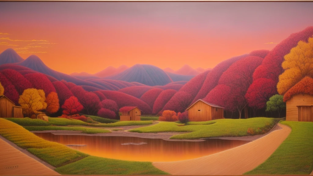 Painting of a rural landscape with a river and a house, dream landscapeの絵, jim warren, a surreal dream landscape, blissful landscape, psychedelic landscape, color field painting. 8K, korean artist, surreal landscape, pink landscape, dreamlike landscape, dream landscape, surrealist landscape painting, quirky fantasy landscape art, surreal dream landscape, in a surreal dream landscape