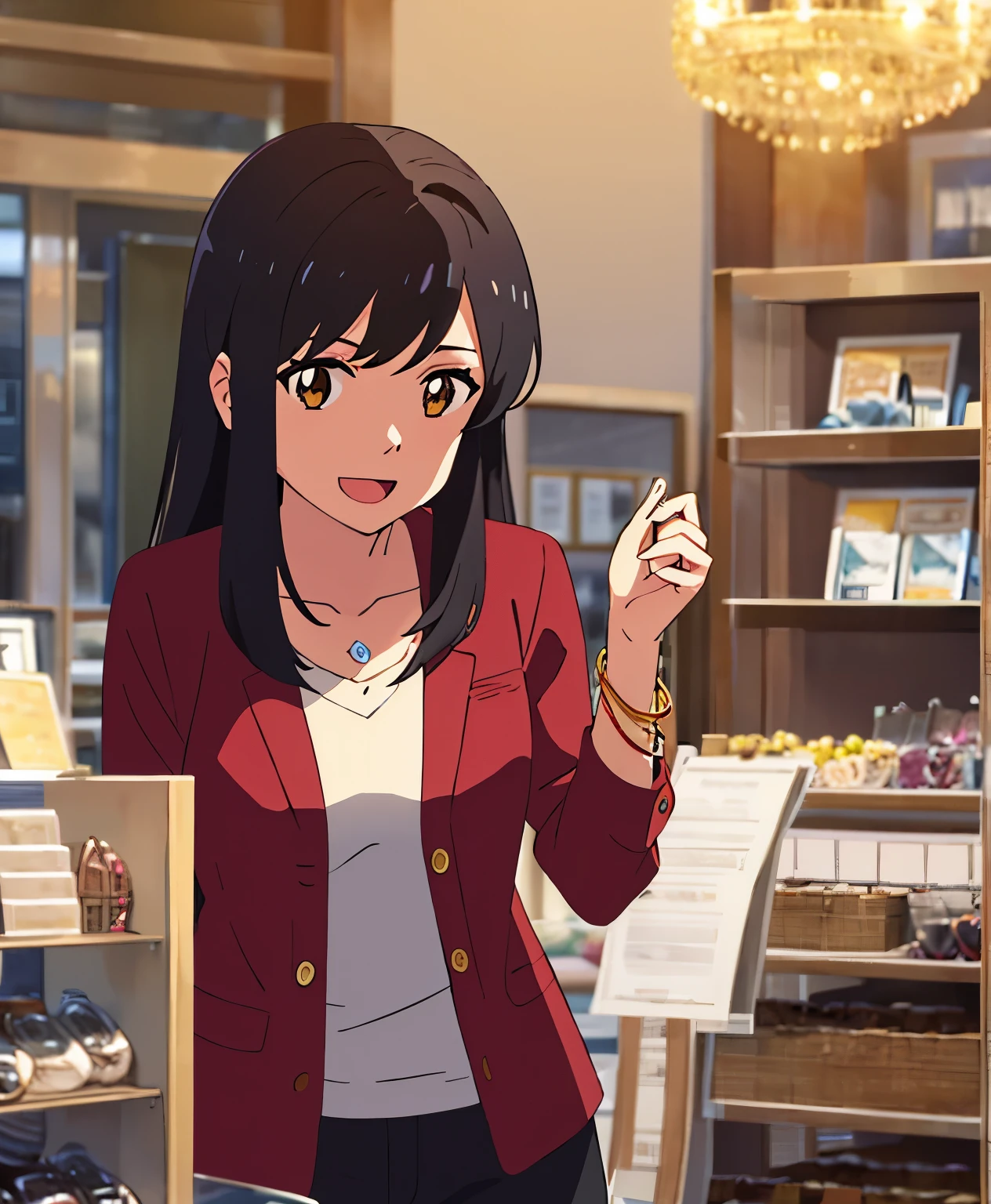 shinkai makoto, kimi no na wa., 1girl, bangs, black hair, brown eyes, open mouth :D, Twisted Half Up, red ribbon, long hair, yellow long sleeve , collared shirt, buttons, looking at the viewer, indoors, jewelry products, jewelry shop, jewelry saleswoman, indoors, mall, masterpiece, perfect anatomy, cowboyshot, 