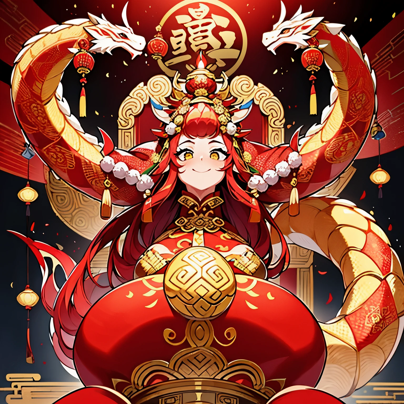 realistic, detailed, highres, majestic dragon, coiled around, stone pillar, head facing camera, intricate scales, serpentine beauty, captivating gaze, divine creature, artistic lighting, imposing presence, ancient symbol, cultural richness, Chinese mythology, powerful creature, mythical beast, ornate details, awe-inspiring scene, grandeur, spring festival atmosphere, festive mood, celebratory vibes, joyful ambiance, Chinese New Year spirit, traditional celebration, red and gold hues, vibrant colors, festive red, golden brilliance, colorful representation.