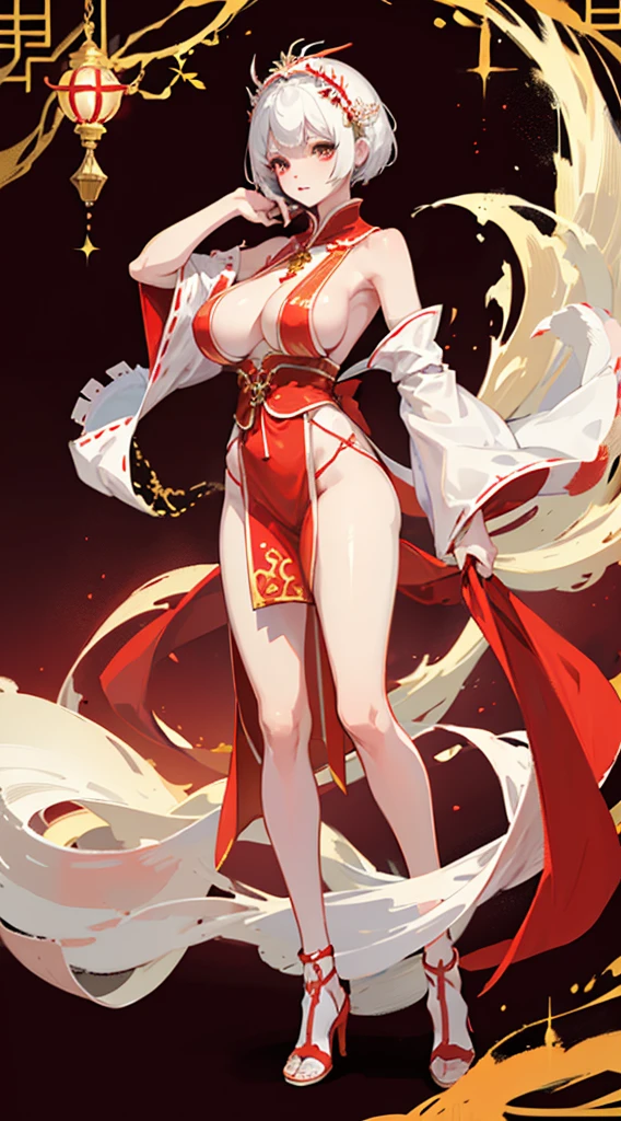 a girl,white short hair,huge breasts,slender waist,There are two dragon horns on the head,Wearing red clothes,The type of clothing is Hanfu,golden headdress,red and white background color,Standing posture,wearing high heels。Perfect body。full body picture