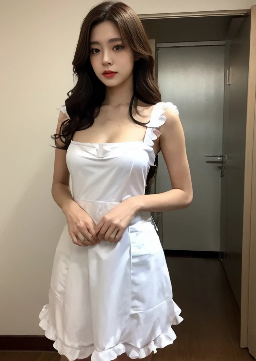 State Guest House、maid costume、open chest、Costumes with a small area、Sexy Maid Costume、Nothing is worn inside、full body shot、A woman with the same face as last time(misaki),4K、1people's women、slender、 Loose wavy styling 、seductive and attractive,Including face and skin texture,detailed eyes、a seductive look