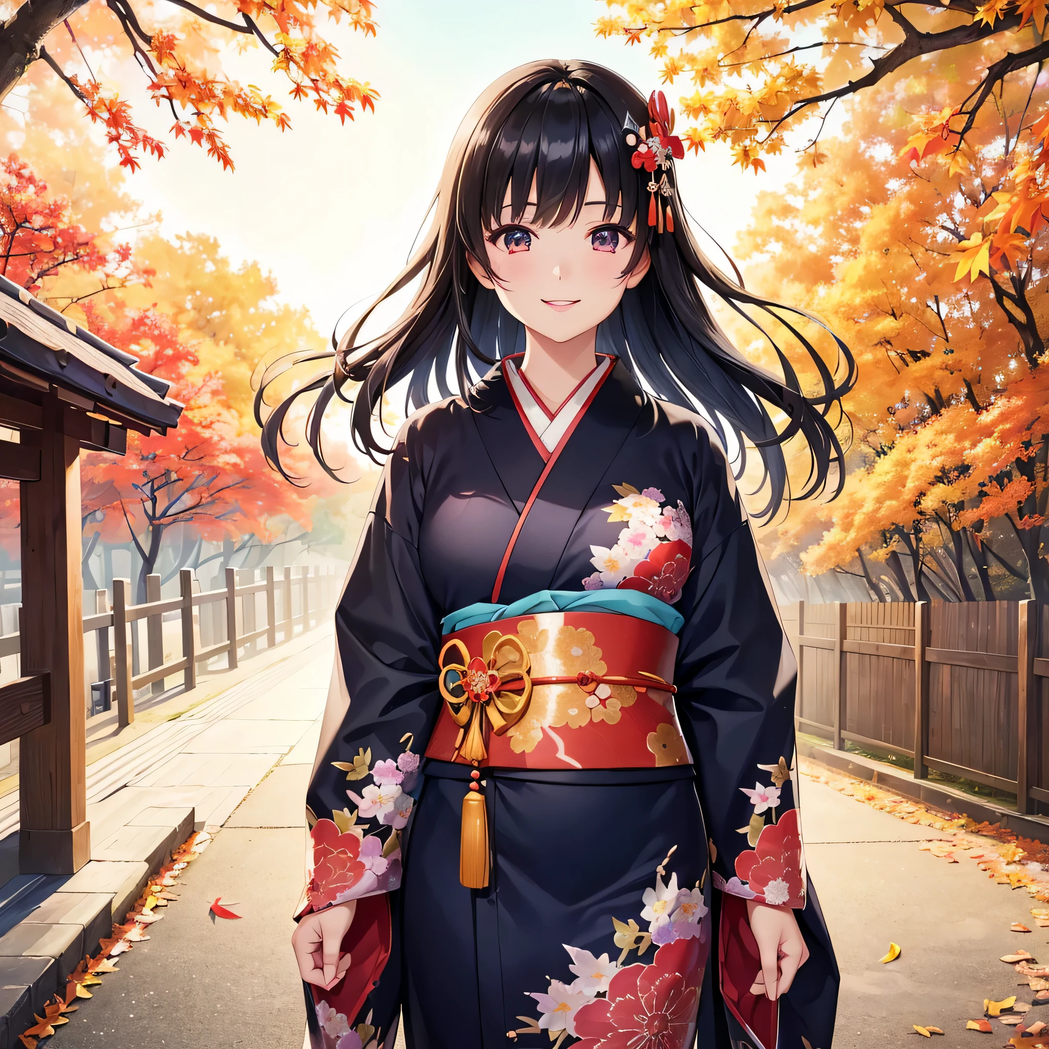 (Super beautiful woman in kimono)、((highest quality、8K masterpiece:1.3))、sharp focus:1.2、(super beautiful face:1.0)、(shiny skin:1.0)、realistic pictures、black haired、video writing、High resolution eyes and face、video writing、japanese actress、from the front、Medium chest、with a happy smile、wearing a kimono、under the autumn leaves、highest grade obi