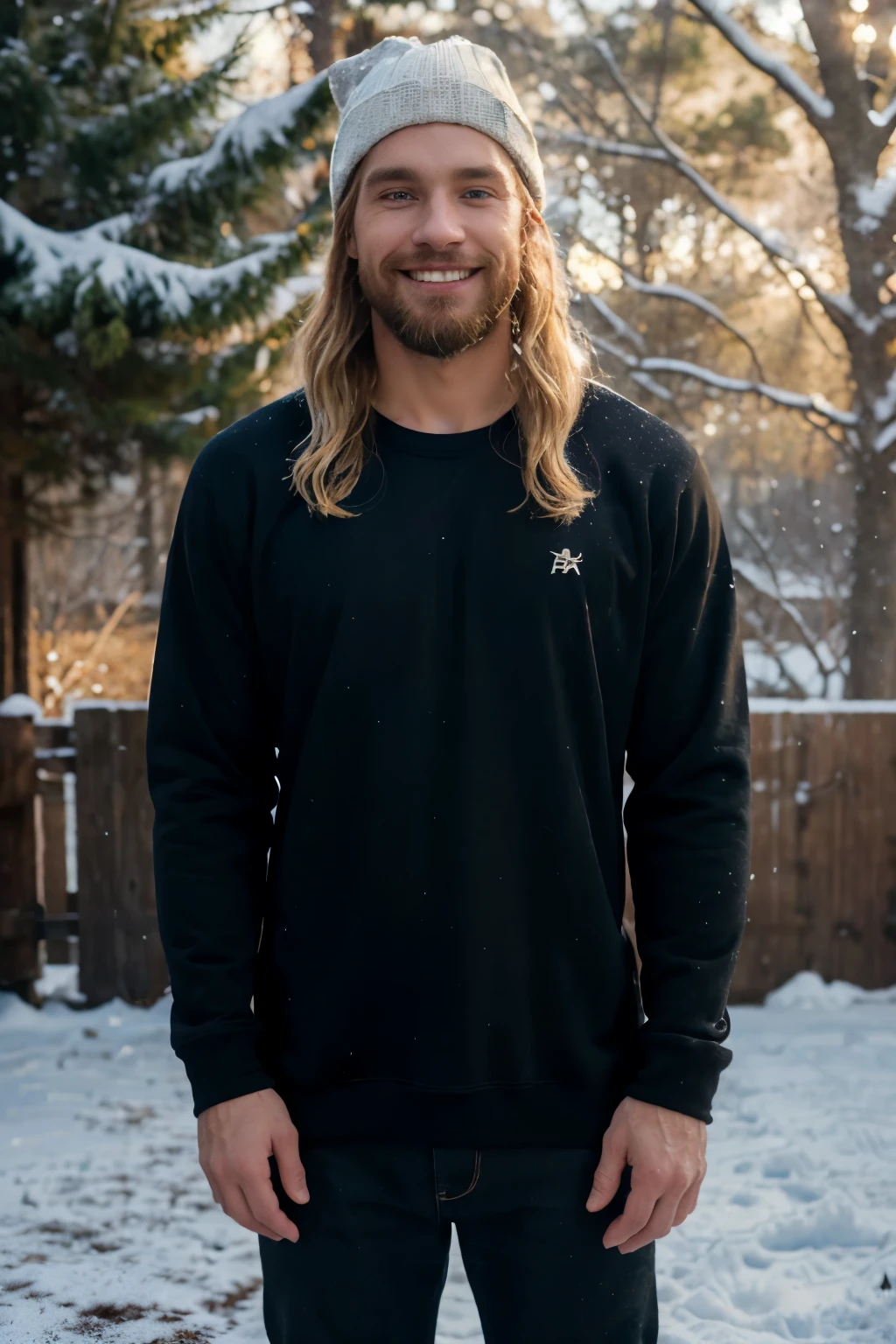((perfect photograph)), ((realistic)), ((8k)), (perfect face), gorgeous white man with short long blonde wavy hair and beard, wearing a straight long black long sweat shirt and dark jeans and a black beanie, standing towards the camera, snowing, torso facing camera, outdoors, lots of light, smiling, large dark oak trees, lots of snow