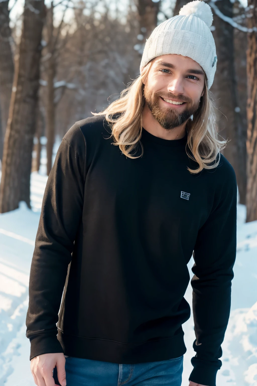 ((perfect photograph)), ((realistic)), ((8k)), (perfect face), gorgeous white man with short long blonde wavy hair and beard, wearing a straight long black long sweat shirt and dark jeans and a black beanie, standing towards the camera, snowing, torso facing camera, outdoors, lots of light, smiling, large dark oak trees, lots of snow