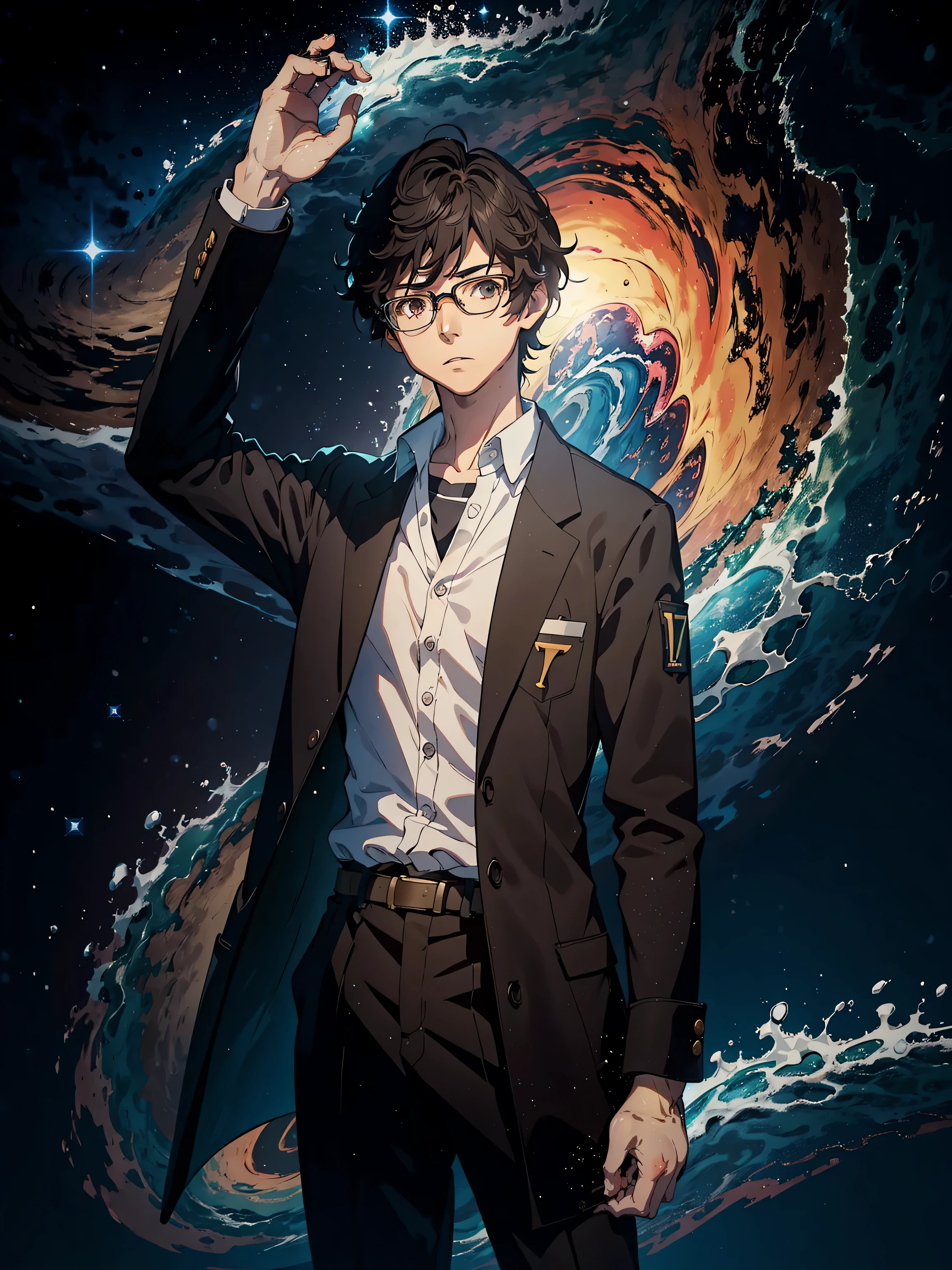 masterpiece, best quality, 1boy, solo, Amamiya Ren, glasses, ((tsume-eri gakuran boy japanese school uniform)), ((top quality, ultra-detailed, high resolution, extremely detailed CG, unity 8k wallpaper, Makoto Shinkai style, by famous artist, perfect anatomy, super detailed skin, cinematic lighting, UHD, retina, anatomically correct, 1080P)), (Please draw a single one boy walking among the stars in the style of Makoto Shinkai:1.3), ((1boy)), (Solo, face,17-year-old:2.0), a high school student, ((full dark brown hair)) Full limbs, complete fingers, ((perfect fingers, perfect arms)), masculine, manly, small butt, Beautiful detailed full dark brown eyes, glasses, perfect eyes, (Detailed Lighting), (Detailed background), (the stars is the background), full body view, standing, single guy (one guy), full body shot. 