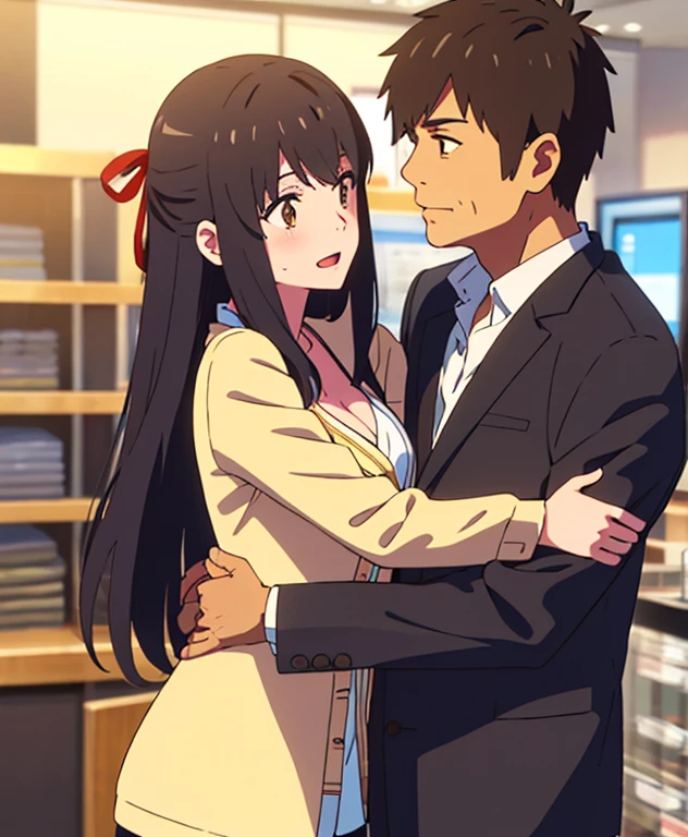 shinkai makoto, kimi no na wa., 1 middle aged man, wrinkled face, black hair, office suit, hug, passionate hug, sniffing neck, 1girl, bangs, black hair, brown eyes, open mouth, Twisted Half Up, red ribbon, long hair, long sleeve light yellow cardigan, open shirt, white shirt, cleavage, breast, medium breast, jewelry shop, indoors, mall, masterpiece, perfect anatomy, cowboyshot