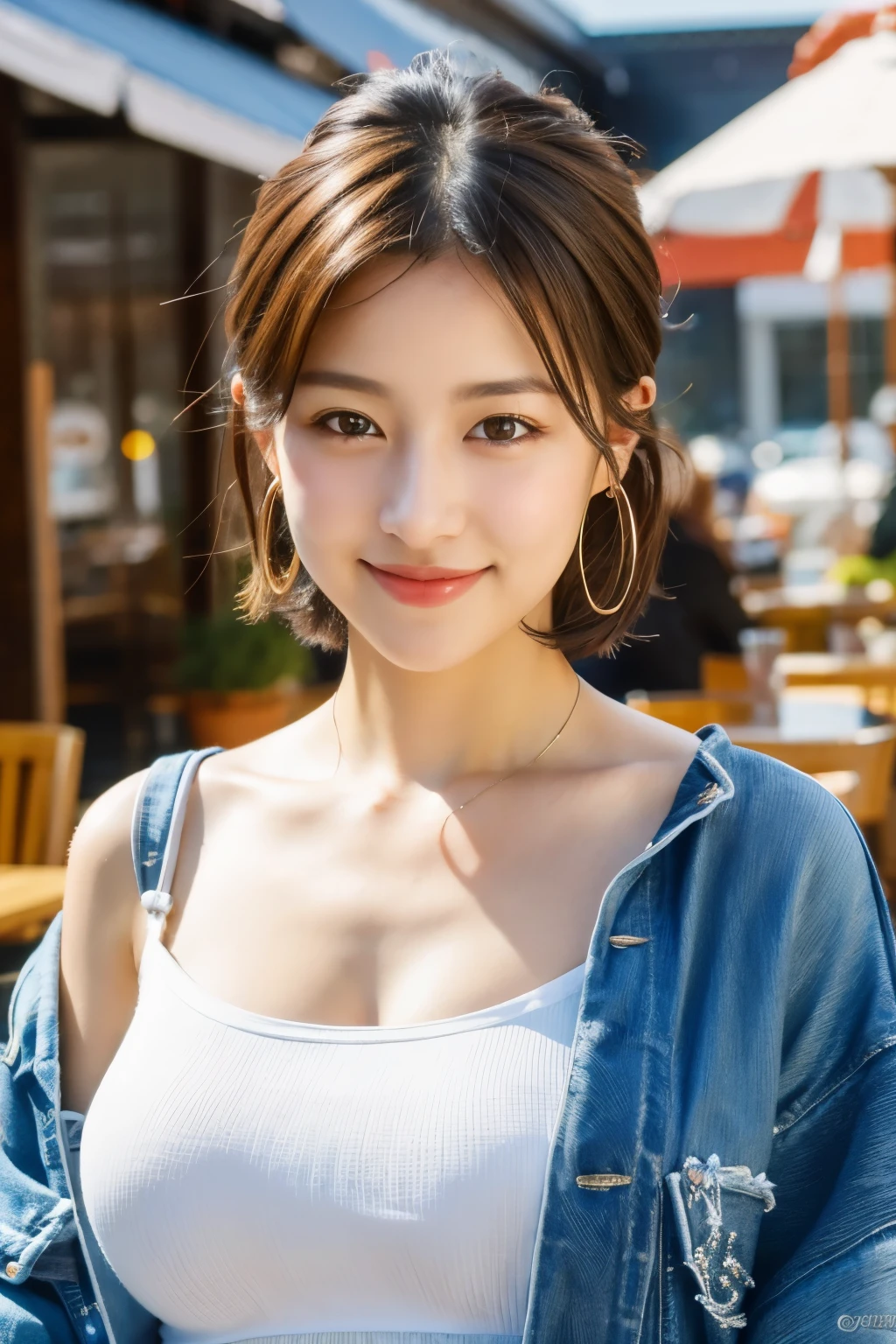 best quality, photorealistic, 4k, highres, perfect lighting, gorgeous, masterpiece, realistic, closeup portrait,
1girl, piercing eyes, wearing an off-shoulder jacket, medium breasts, short hair, looking at viewer, smile, outdoors, in a cafe