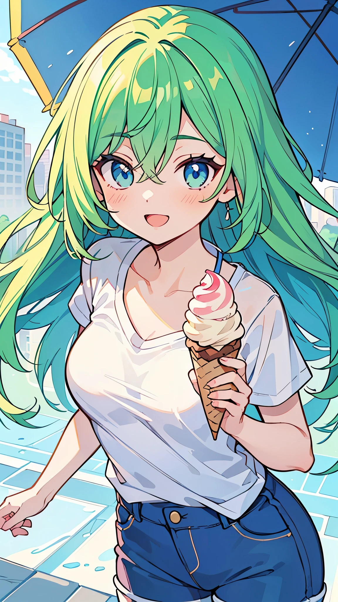((A Pretty girl with green hair and blue eyes)), ((Wearing Plain white T-shirt and hot pants)), Baby face, ((master piece, top-quality, ultra-definition, high resolution)), anime girl, ((ultra-detailed illust:1.2)), only one person, bangs, hair between eye, beautiful hair, Beautiful eyes, Medium breasts, Big smile, cityscape, having ice cream