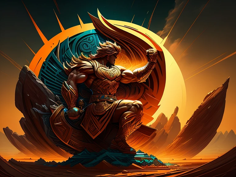 A visually captivating artwork that embodies strength, hard work, and dedication in the form of a logo features a heraldic silhouette of a muscular figure, reminiscent of a laborer or athlete. His broad shoulders are accentuated under the glow of a setting sun, casting long shadows and evoking a sense of determination. The figure's clenched fist, raised high, symbolizes unwavering resilience and the relentless pursuit of success.
This logo design is inspired by the masterful works of Dan Mumford, Greg Rutkowski, and James Jean–known for their unique, stylized techniques and bold compositions. The result is a capt