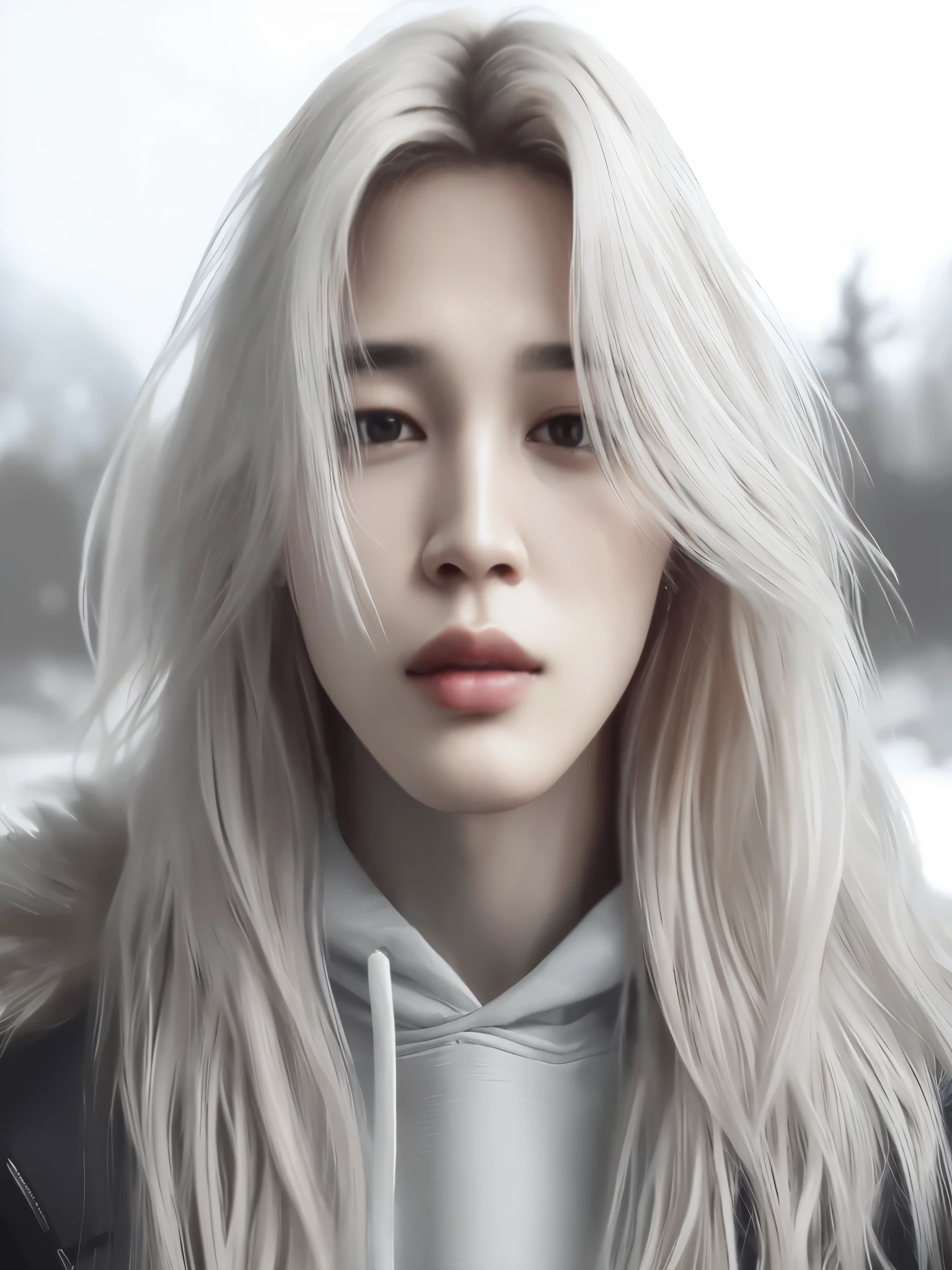 um close de um homem com longos cabelos loiros e um moletom com capuz, kpop idol portrait, obras de arte no estilo de guweiz, Retrato de Jossi do Blackpink, # 1 pintura digital de todos os tempos, #1 pintura digital de todos os tempos, inspirado em jeonseok lee, inspirado em Kim Deuk-sin, realista artstyle, realista. Cheng Yi
