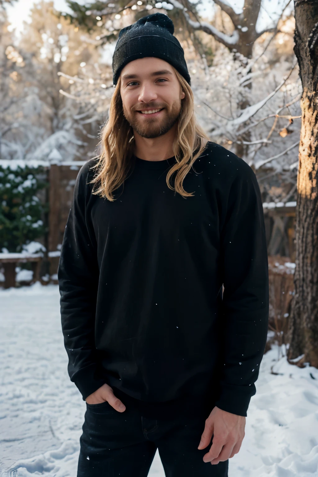 ((perfect photograph)), ((realistic)), ((8k)), (perfect face), gorgeous white man with short long blonde wavy hair and beard, wearing a straight long black long sweat shirt and dark jeans and a black beanie, standing towards the camera, snowing, torso facing camera, outdoors, lots of light, smiling, large dark oak trees, lots of snow