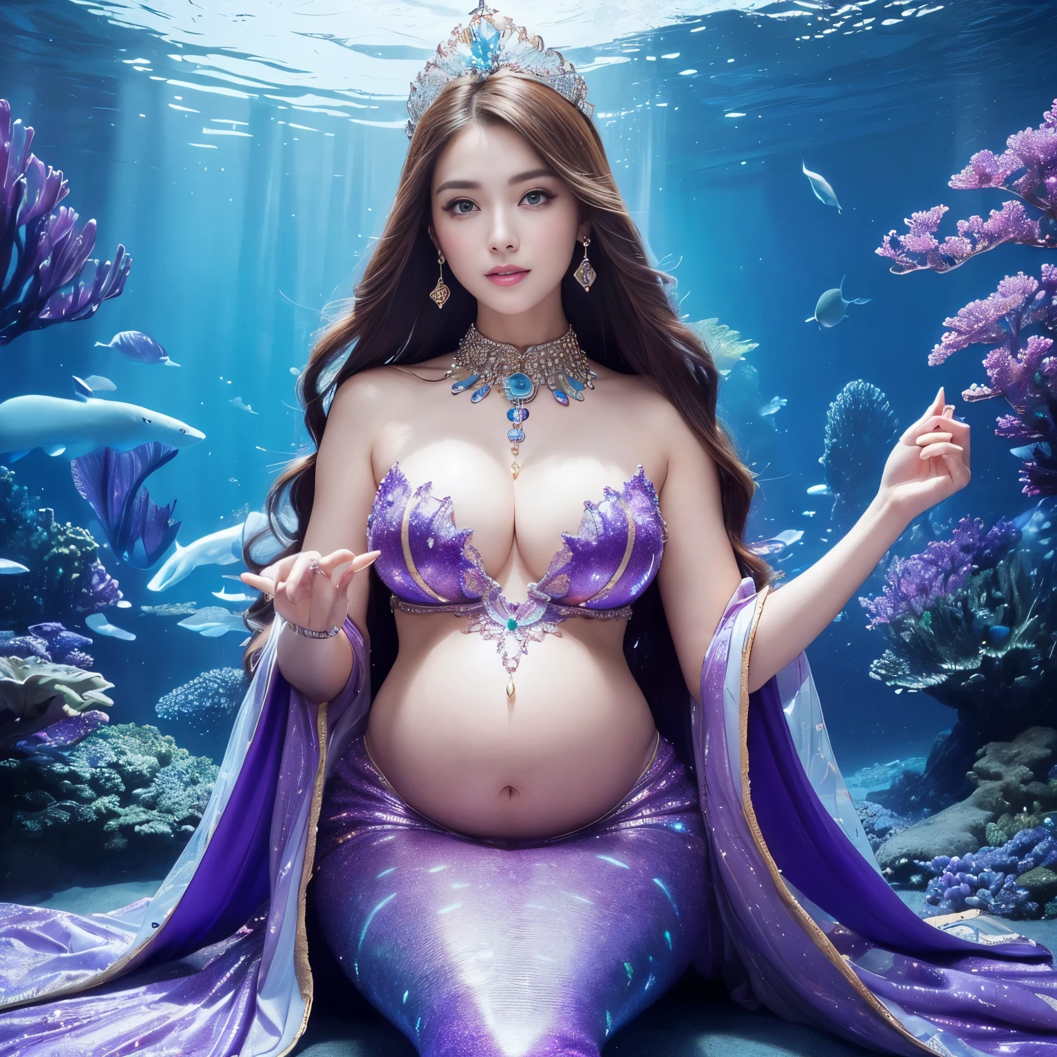 (highest quality、table top、8K、best image quality、hyper realism)、(The most extravagant and extravagant mermaid goddess:1.2)、(The most extravagant and gorgeous mermaid princess:1.2)、(The most realistic and perfect mermaid tail and scales:1.2)、(The most realistic and perfect mermaid tail:1.3)、(The most luxurious and finest transparent sleeve:1.1)、(Sitting on the most luxurious and high-end giant bed:1.25)、(upper body photo:1.1)、(The wall of the room is a huge high quality aquarium:1.2)、(A huge, highly detailed aquarium of the highest quality:1.3)、(Surrounded by a huge aquarium of the highest quality:1.2)、(The highest quality aquarium with the most fantastic dome-shaped ceiling:1.2)、(Detailed depiction of the most beautiful gigantic aquarium that shines fantastically:1.2)、(Surrounded by the most luxurious and fantastical huge purple and blue aquarium:1.2)、(Huge aquarium with the most detailed depiction of marine life:1.2)、(Sparkling purple and blue、Luxurious princess room with the most magical domed ceiling:1.2), (Glowing room made of the most magical purple and blue sparkling crystals:1.3)、(There are many beautiful corals and shells in the room.)、(the best smile when you look at me:1.2)、Wavy brown hair、Complex, Finely shining scales、(Finest Huge Jewelry Decoration:1.1)、The most gorgeous luxury princess costume、the most luxurious decoration、全身にComplex宝石が施されている、Please describe her face in detail、Giant tiara、Clear and detailed background、(Everything is a fantastic and glittering background:1.1)、(accurate anatomy:1.1)、(The most luxurious and huge finest jewelry decoration:1.1)、(slightly pregnant:1.1)