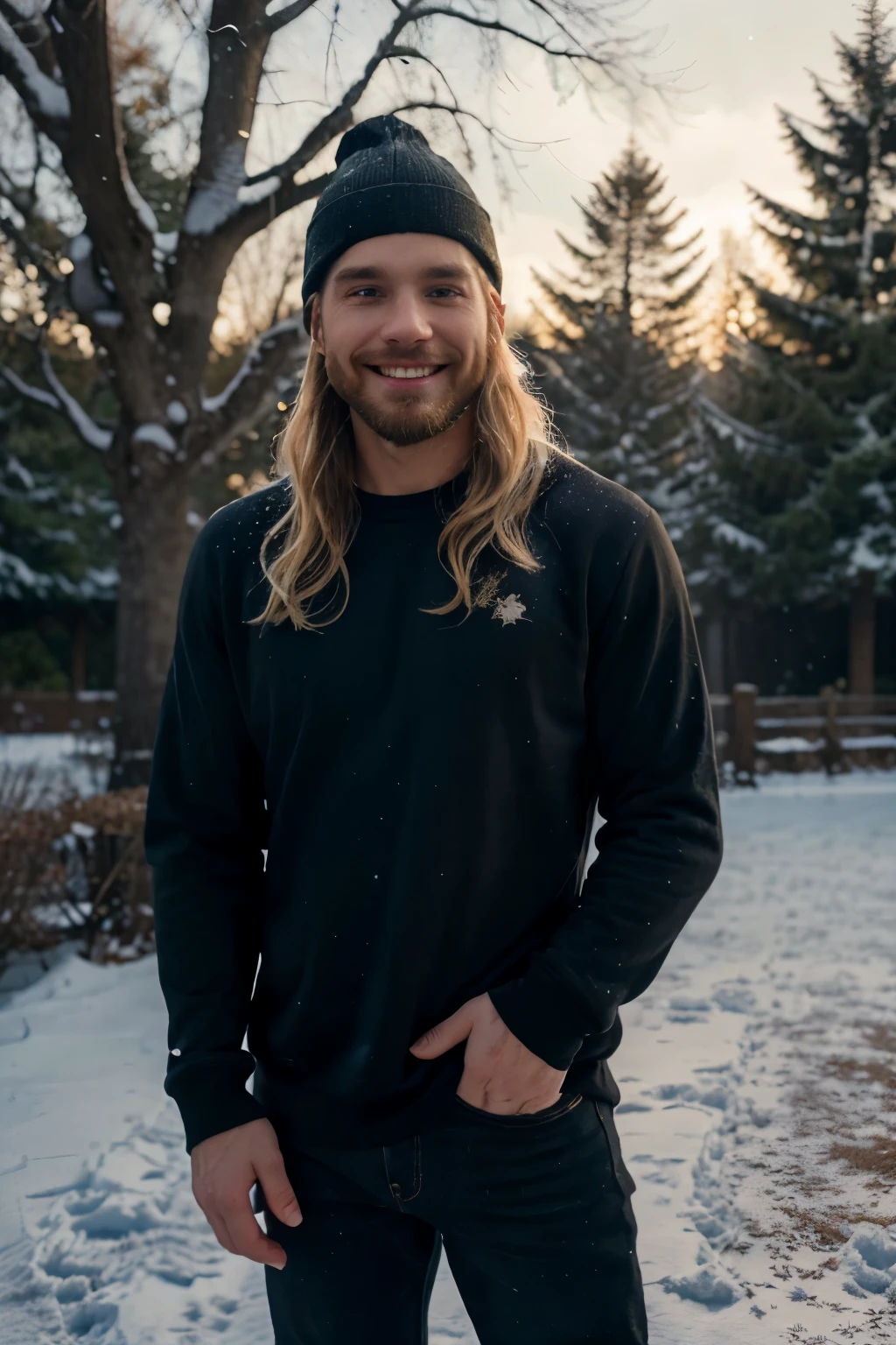 ((perfect photograph)), ((realistic)), ((8k)), (perfect face), gorgeous white man with short long blonde wavy hair and beard, wearing a straight long black long sweat shirt and dark jeans and a black beanie, standing towards the camera, snowing, torso facing camera, outdoors, lots of light, smiling, large dark oak trees, lots of snow