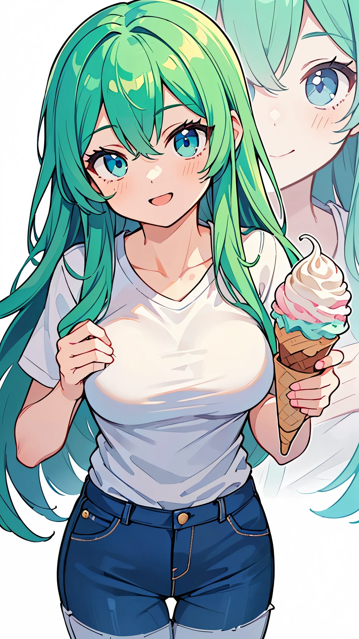 ((A Pretty girl with green hair and blue eyes)), ((Wearing Plain white T-shirt and hot pants)), , ((master piece, top-quality, ultra-definition, high resolution)), anime girl, ((ultra-detailed illust:1.2)), only one person, bangs, hair between eye, beautiful hair, Beautiful eyes, Medium breasts, Big smile, cityscape, having ice cream
