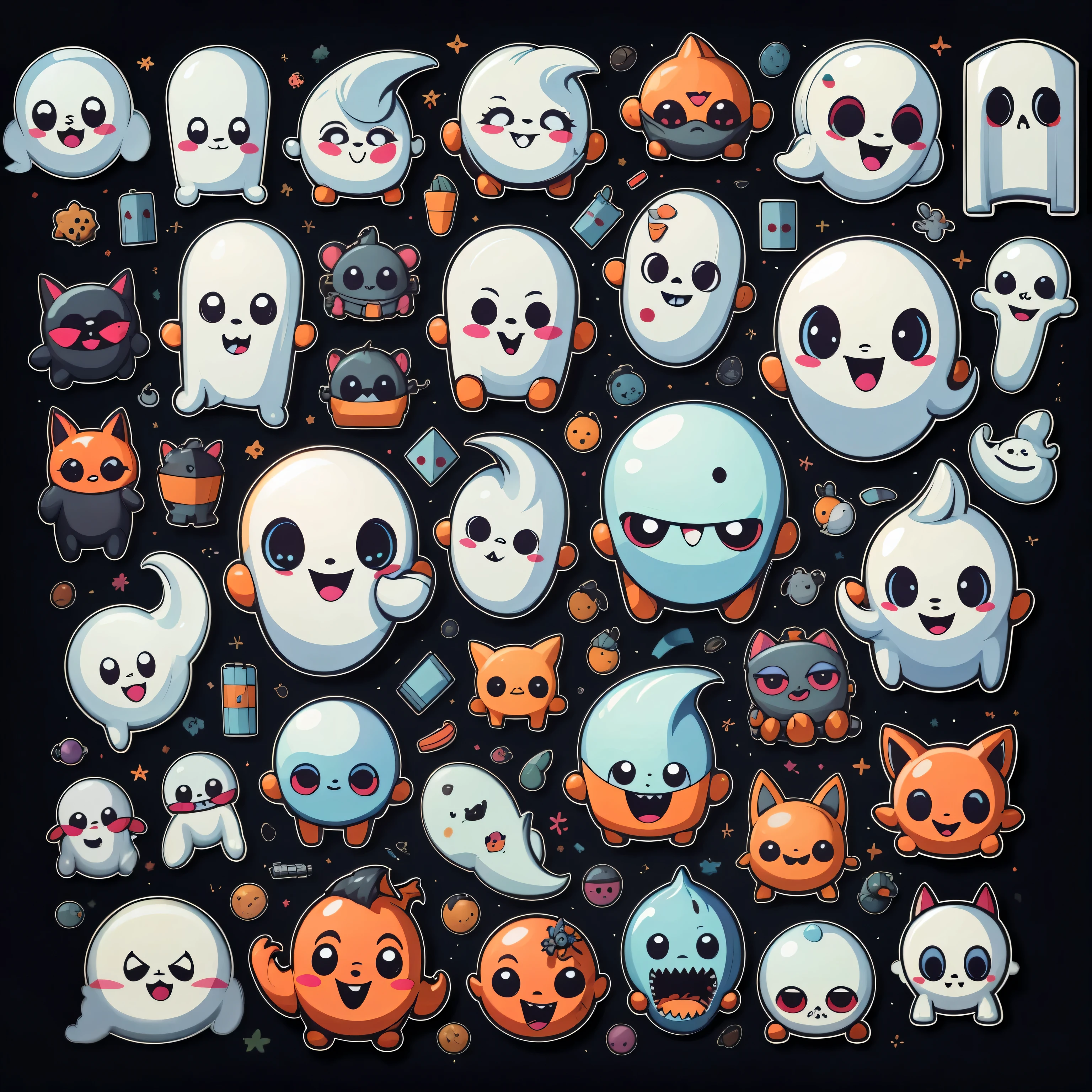 16 evil horror qute stickers, ghosts, machines etc, white background, black background, no gradient,  Correctlly alignment, icon