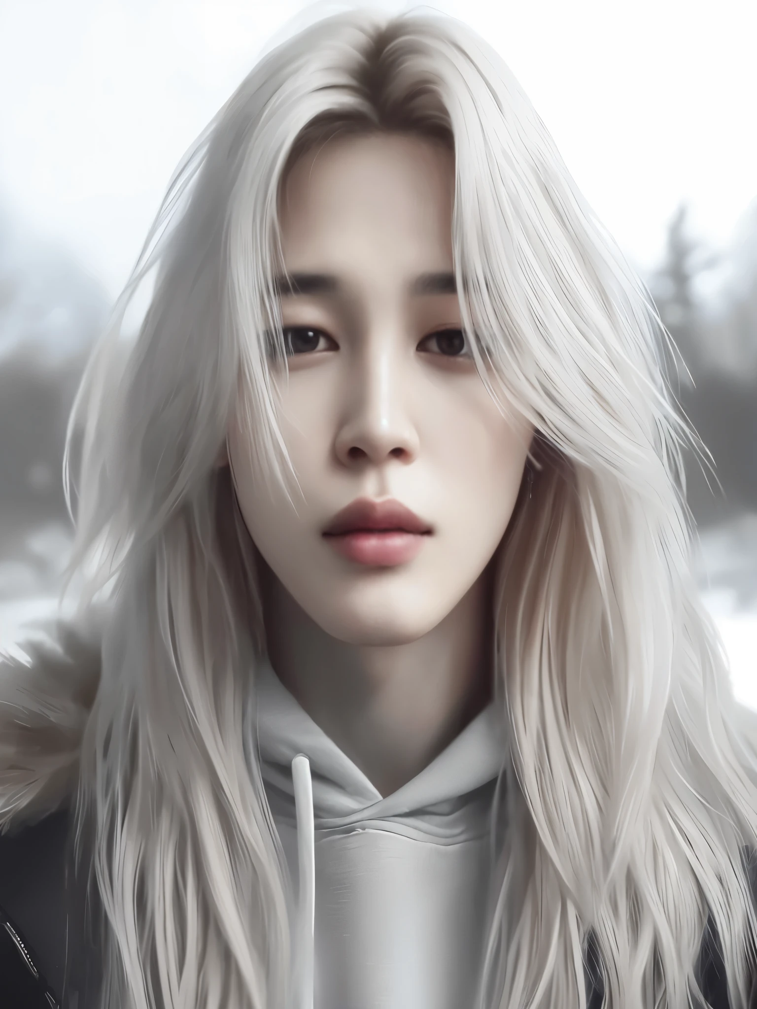 um close de um homem com longos cabelos loiros e um moletom com capuz, kpop idol portrait, obras de arte no estilo de guweiz, Retrato de Jossi do Blackpink, # 1 pintura digital de todos os tempos, #1 pintura digital de todos os tempos, inspirado em jeonseok lee, inspirado em Kim Deuk-sin, realista artstyle, realista. Cheng Yi