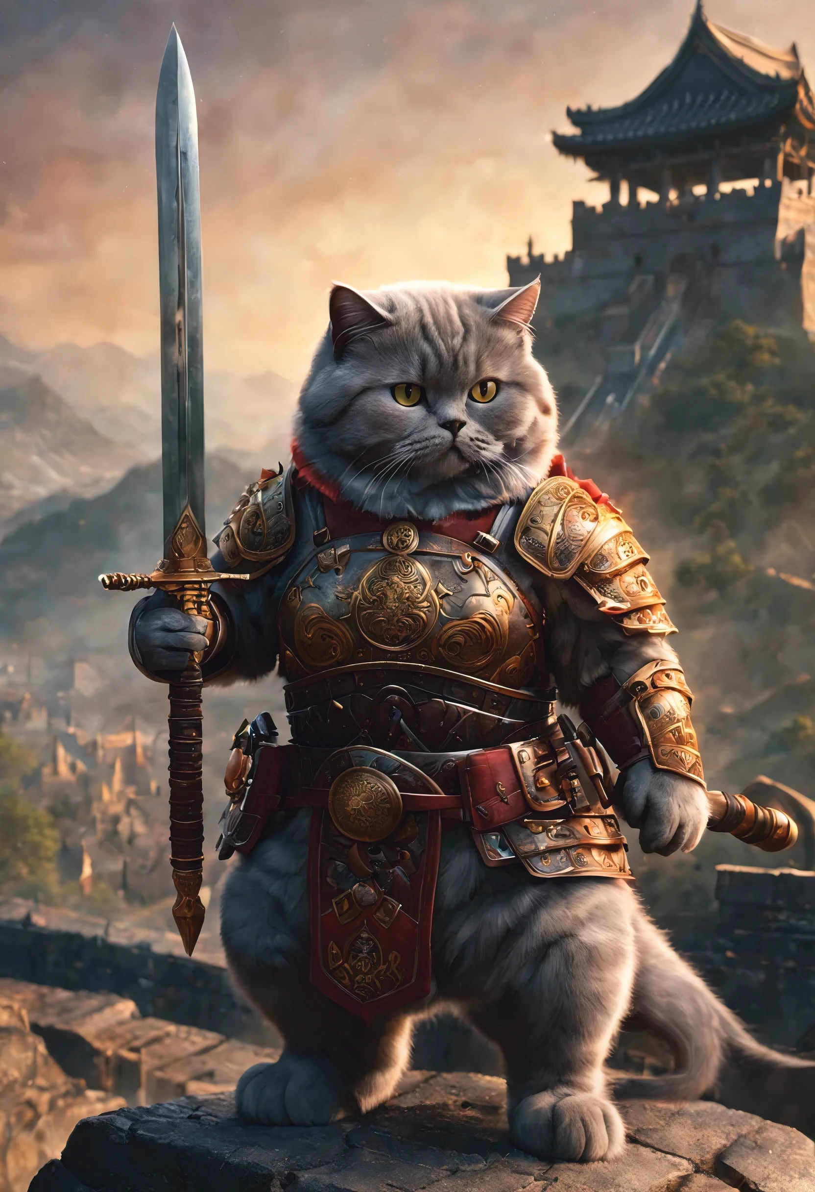 official art, unified 8k wallpaper, super detailed, Beautiful and beautiful, masterpiece, best quality, watching a film《lord of the ring》style of，Real scenes，Epic war scenes，(A fat British shorthair warrior cat:1.4)，(whole body:1.2), Put on exquisite armor，Holding a long sword，In battle，The Great Wall background，cool color，texture，Ray tracing，