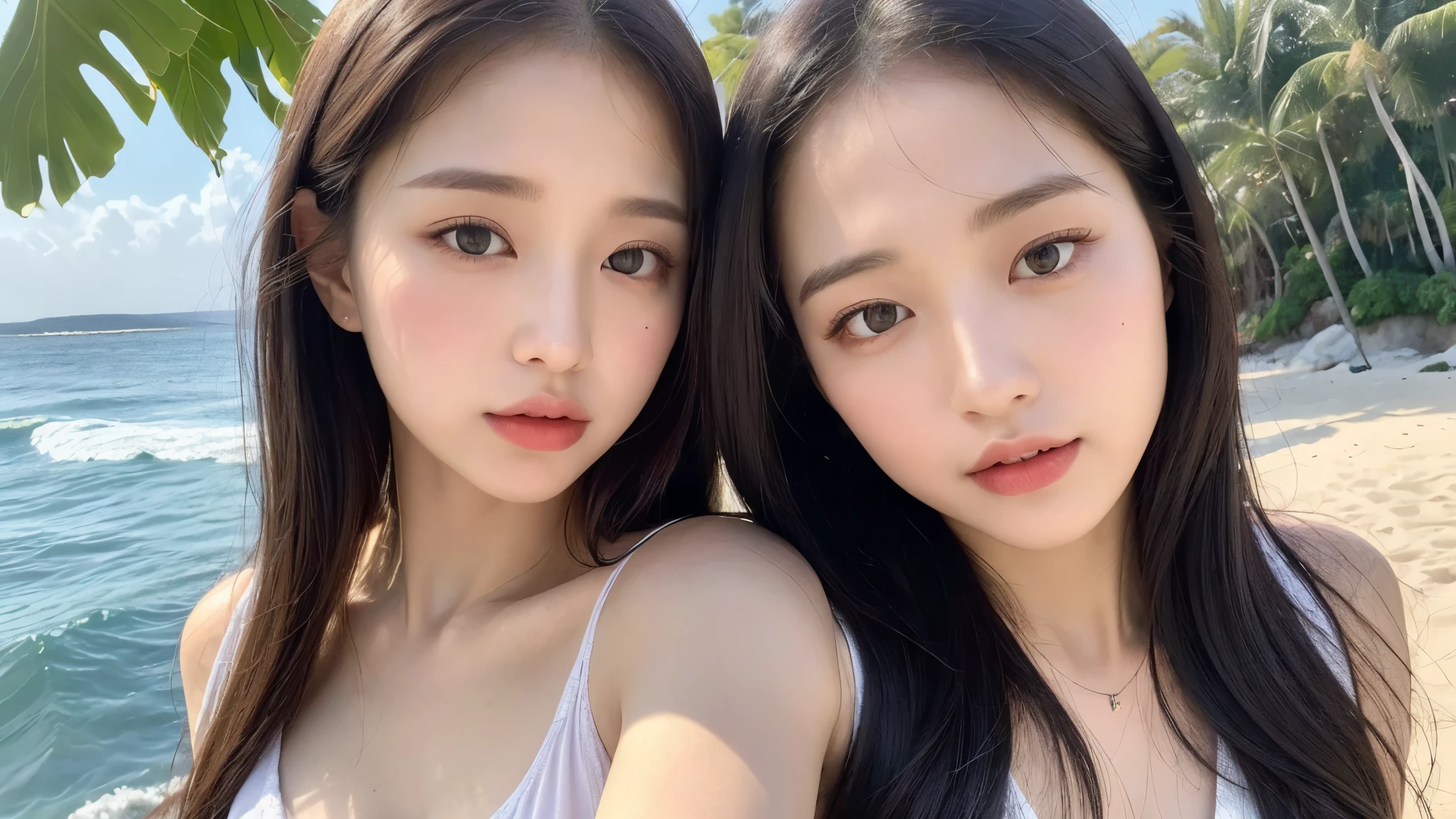 ((best quality, 8k, masterpiece: 1.3)), （only 1 girl: 1.3）, Upper body, face slimming, pretty Woman, (black hair), Super detailed face, delicate eyes, double eyelids, blurred background, face slimming, seaside, external, beach,Medium chest can be seen，above waist，only one person