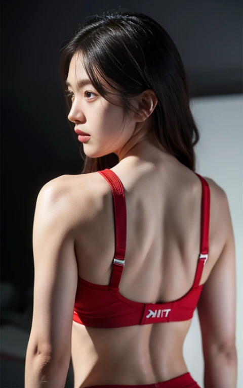 Highly detailed CG Unity 8k wallpaper, top quality, super detailed, masterpiece, realistic, photo realistic, very detailed cute girl, 25 years old, Muscle, abs, round eyes, viewer, blush, parted lips, half body shot ,
sportswear , gym, back shot ,