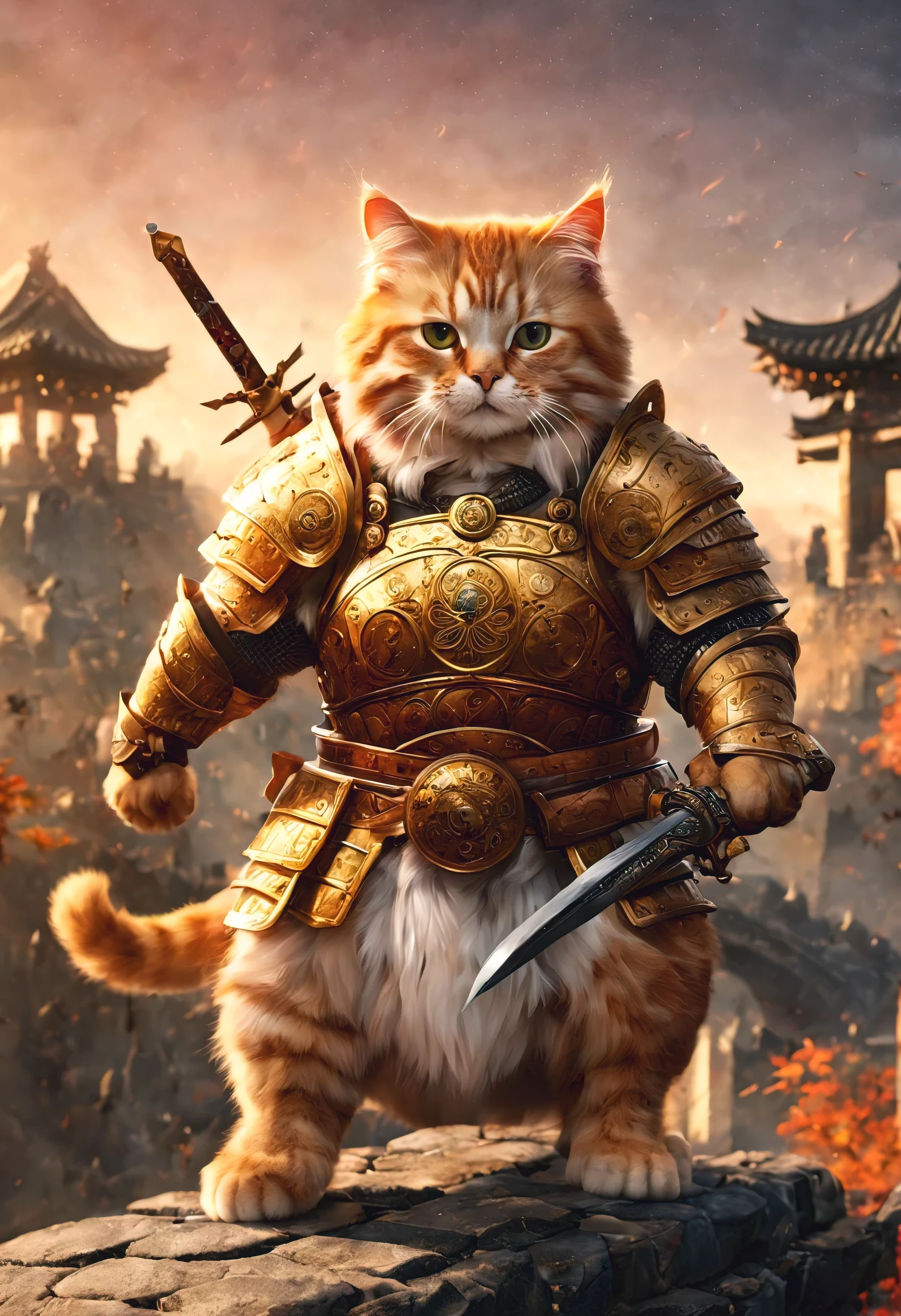 official art, unified 8k wallpaper, super detailed, Beautiful and beautiful, masterpiece, best quality, watching a film《lord of the ring》style of，Real scenes，Epic war scenes，(A fat orange tabby cat warrior:1.4)，(whole body:1.2), Put on exquisite armor，Holding a long sword，In battle，The Great Wall background，cool color，texture，Ray tracing，