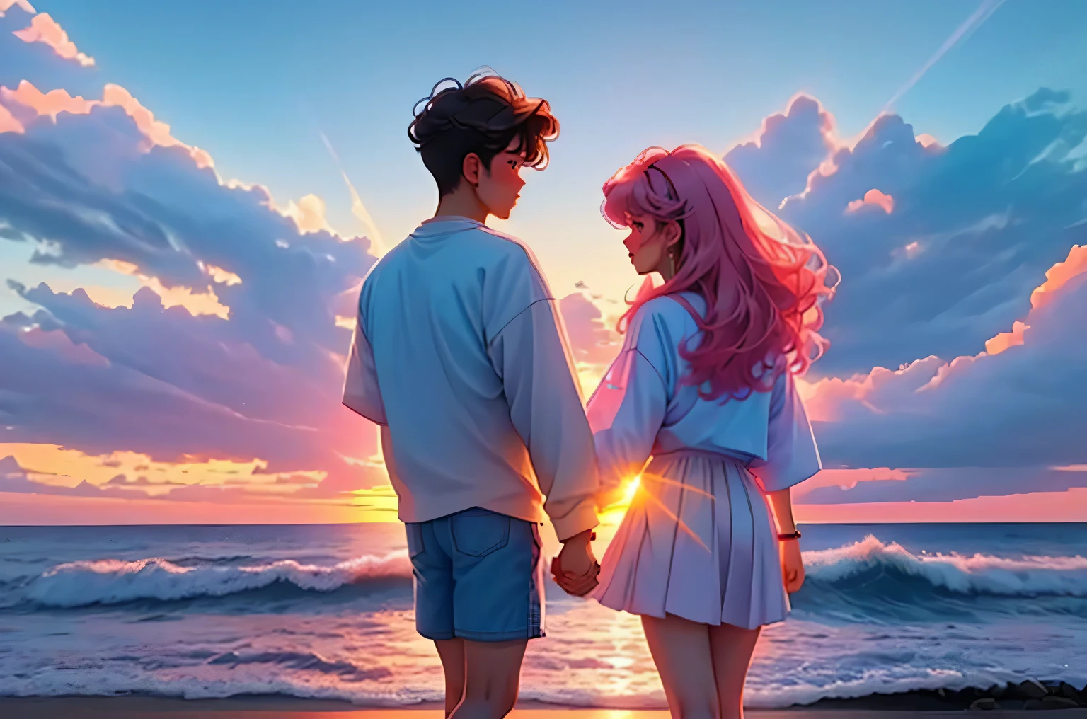 1 boy and 1 girl holding hands? Beautiful sunset on the shore of a rocky beach, clouds on blue sky, the sun was half hidden behind the horizon, but also emits soft sunset rays and paints the landscape in delicate beautiful colors., Enjoying the beauty of the sunset, realistic photography with Vaporwave effect, vapor wave aesthetics, Highest resolution, Maximum realism