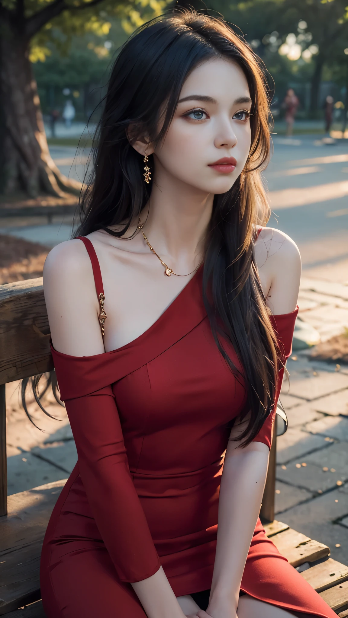 8K, ((masterpiece:1.8)), 1 girl, beautiful face, very long hair, light makeup, detailed eyes, detailed lips, ((medium Curved figure)), (simple dress:1.4), (red dress:1.4), (wearing jewellery), (strap:1.4), (bare shoulder:1.4), in the park, sunset, evening, blowing wind, hair spreading, sitting,