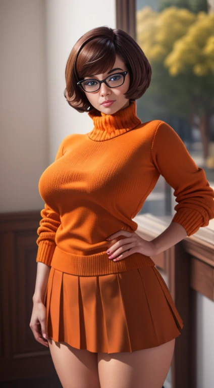 (masterpiece:1.2), (best quality), (ultra detailed), (8k, 4k, intricate),(full-body-shot:1), (highly detailed:1.2), (detailed face:1.2), ((portrait)), (dynamic pose:1.2)  Velma, 1girl, solo, bare breasts, looking at viewer, short hair, skirt, large breasts, brown hair, brown eyes, pantyhose, pleated skirt, glasses, pulling her sweater up, orange sweater exposed breasts, ((full body))