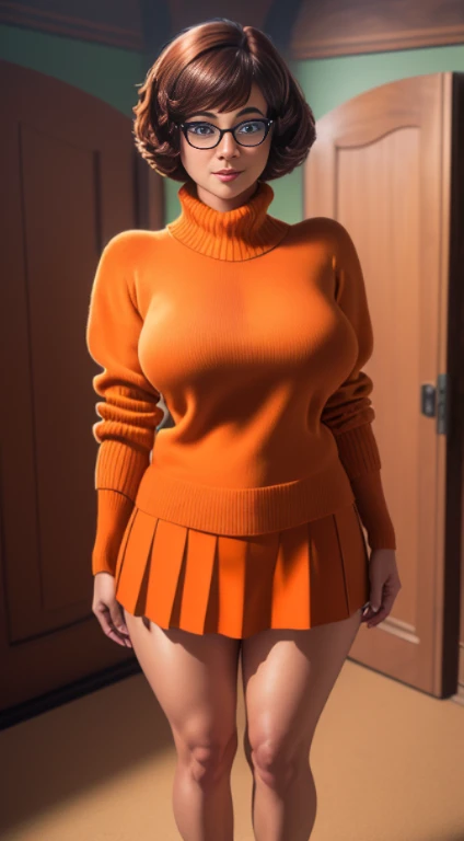 (masterpiece:1.2), (best quality), (ultra detailed), (8k, 4k, intricate),(full-body-shot:1), (highly detailed:1.2), (detailed face:1.2), ((portrait)), (dynamic pose:1.2)  Velma, 1girl, solo, bare breasts, looking at viewer, short hair, skirt, large breasts, brown hair, brown eyes, pantyhose, pleated skirt, glasses, pulling her sweater up, orange sweater exposed breasts, ((full body))