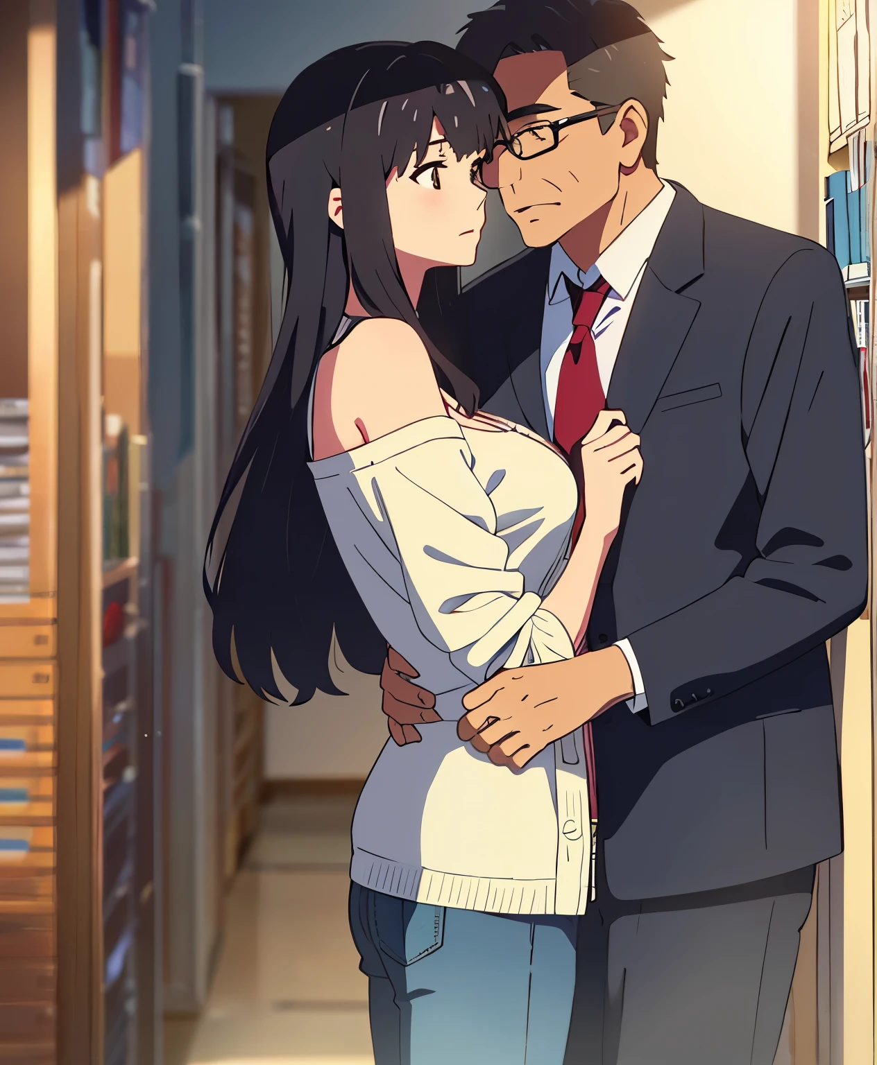 shinkai makoto, kimi no na wa., 1middle age man, wrinkle face, black hair,bangs swept to the right side, office suit, middle aged man caressing girl's body, kiss cheeks, passionate hug, boy is hugging from behind, chestgrope from behind, middle aged man is touchig girl's chest, hold chest, 1girl, nude, bangs, black hair, brown eyes, Twisted Half Up Hair, red ribbon, long hair, nipples, medium breast, storage room, indoors, masterpiece, perfect anatomy, cowboyshot