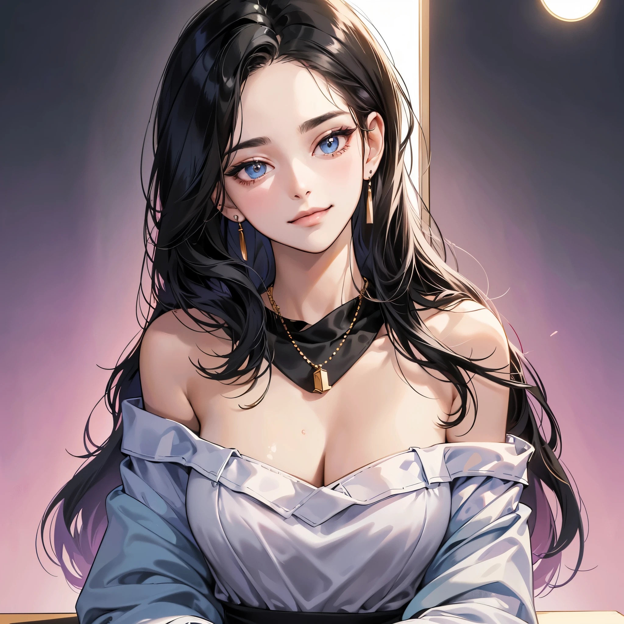 (table top, digital art, digital illustration, 4K, 8K, super detailed, beautiful images, clear image, realistic, RAW photo, perfect face, perfect lines, perfect eyes, soft lighting) ,1 female, (long black hair,Bullish gaze,beautiful woman,closed mouth,smirk,Mature,slender,23 year old female,:1.3),Wearing an off-shoulder black sweater, she looks back at the viewer.、Earrings and necklace are pink gold、Black and blue gradient background