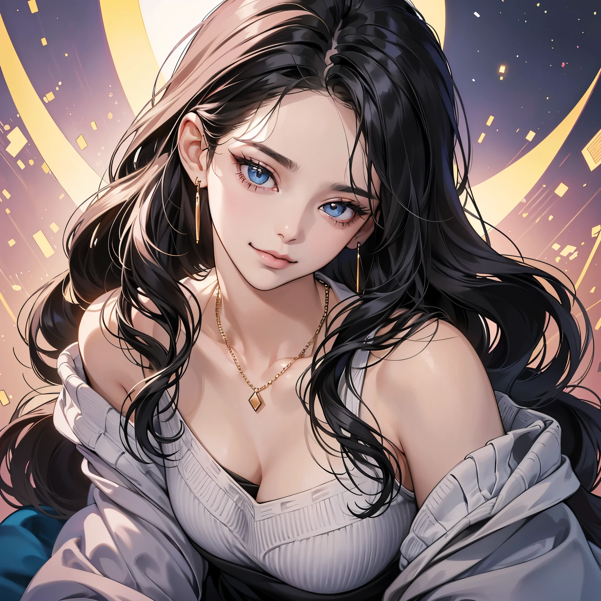 (table top, digital art, digital illustration, 4K, 8K, super detailed, beautiful images, clear image, realistic, RAW photo, perfect face, perfect lines, perfect eyes, soft lighting) ,1 female, (long black hair,Bullish gaze,beautiful woman,closed mouth,smirk,Mature,slender,23 year old female,:1.3),Wearing an off-shoulder black sweater, she looks back at the viewer.、Earrings and necklace are pink gold、Black and blue gradient background