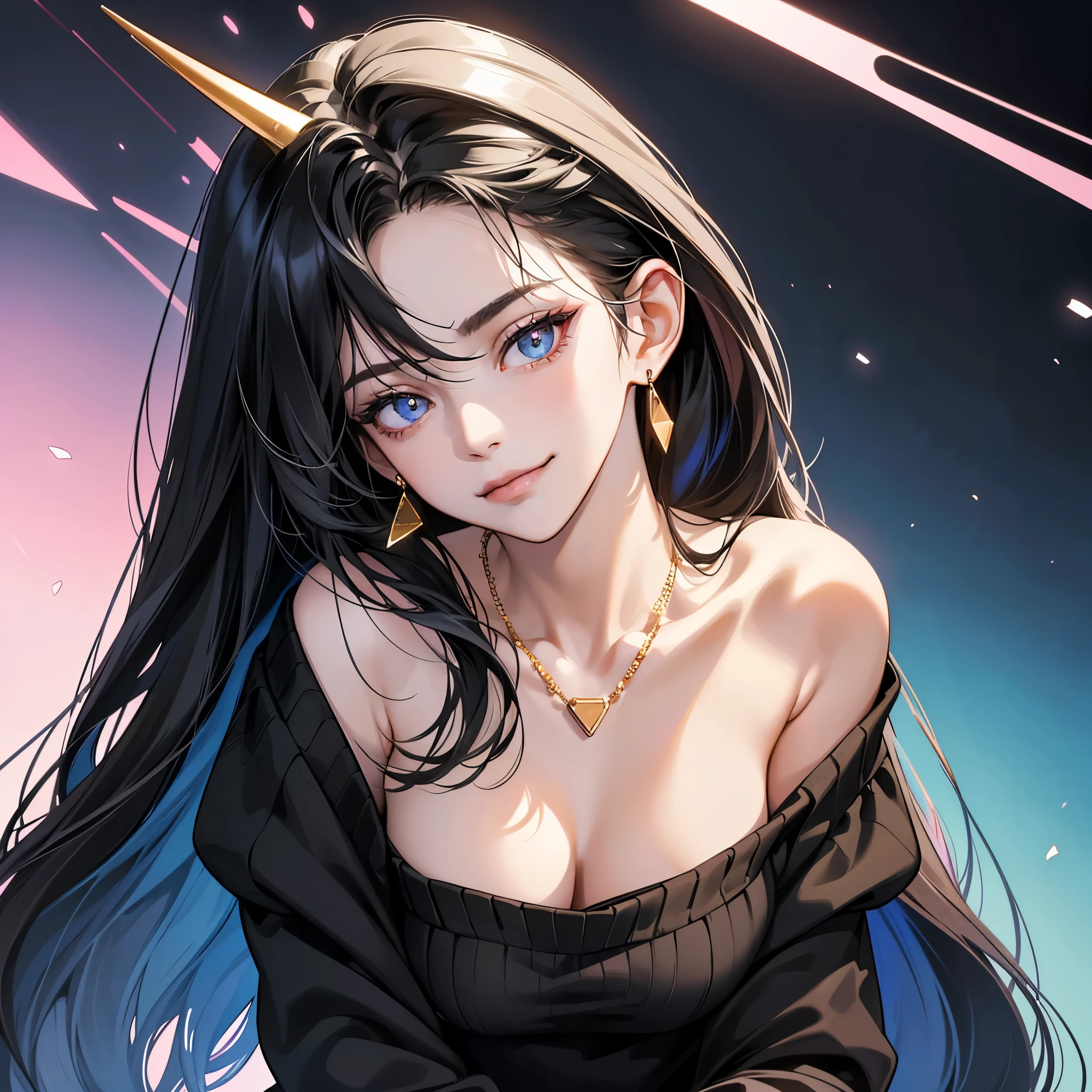 (table top, digital art, digital illustration, 4K, 8K, super detailed, beautiful images, clear image, realistic, RAW photo, perfect face, perfect lines, perfect eyes, soft lighting) ,1 female, (long black hair,Bullish gaze,beautiful woman,closed mouth,smirk,Mature,slender,23 year old female,:1.3),Wearing an off-shoulder black sweater, she looks back at the viewer.、Earrings and necklace are pink gold、Black and blue gradient background