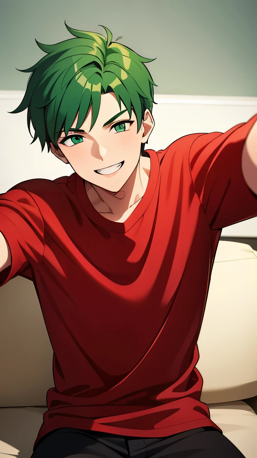 18 year old man with green hair, green eyes, wearing a plain red shirt, taking a selfie on the sofa, toothy smile, very detailed