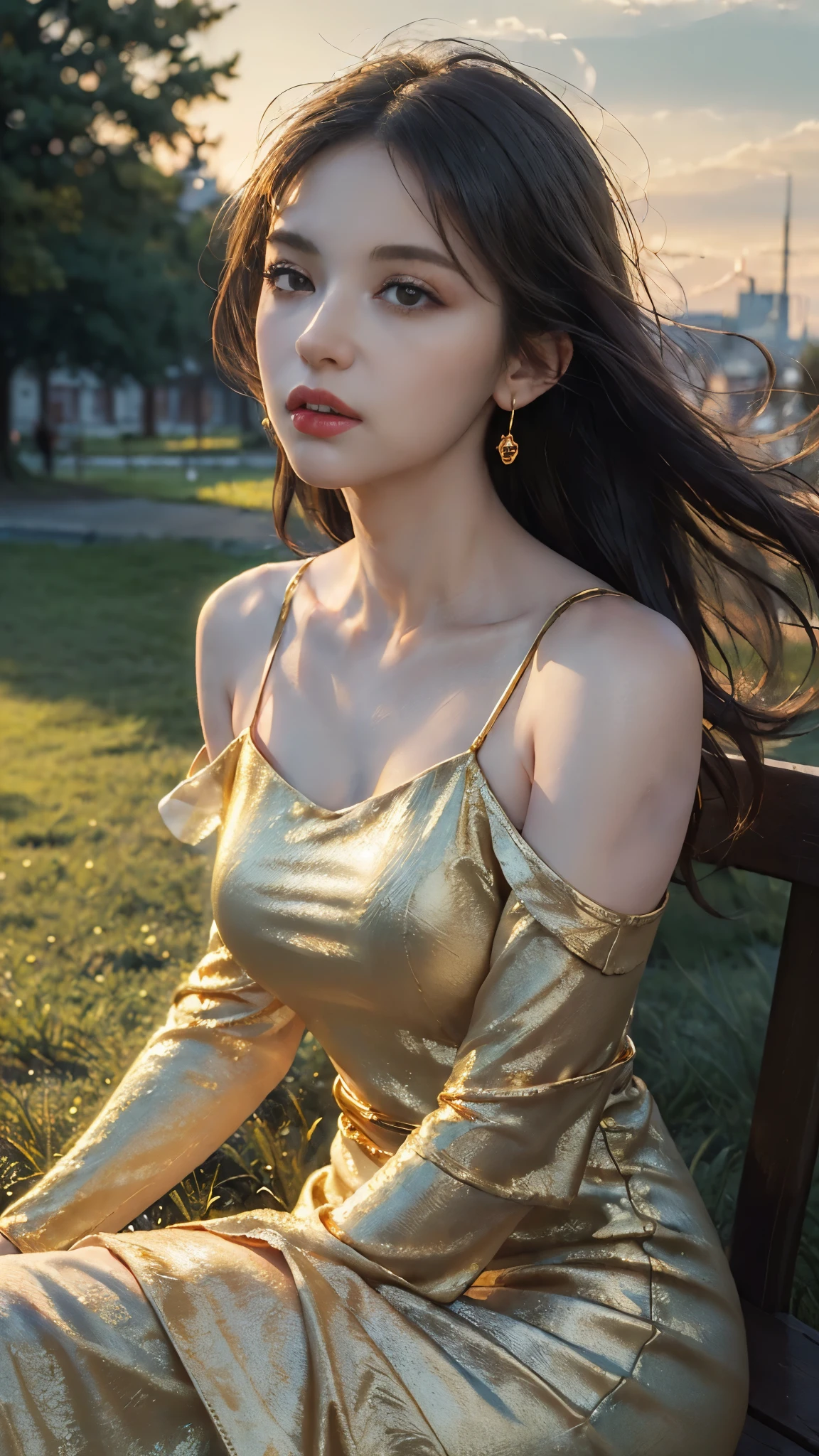 A woman sitting on a bench in a gold dress - SeaArt AI