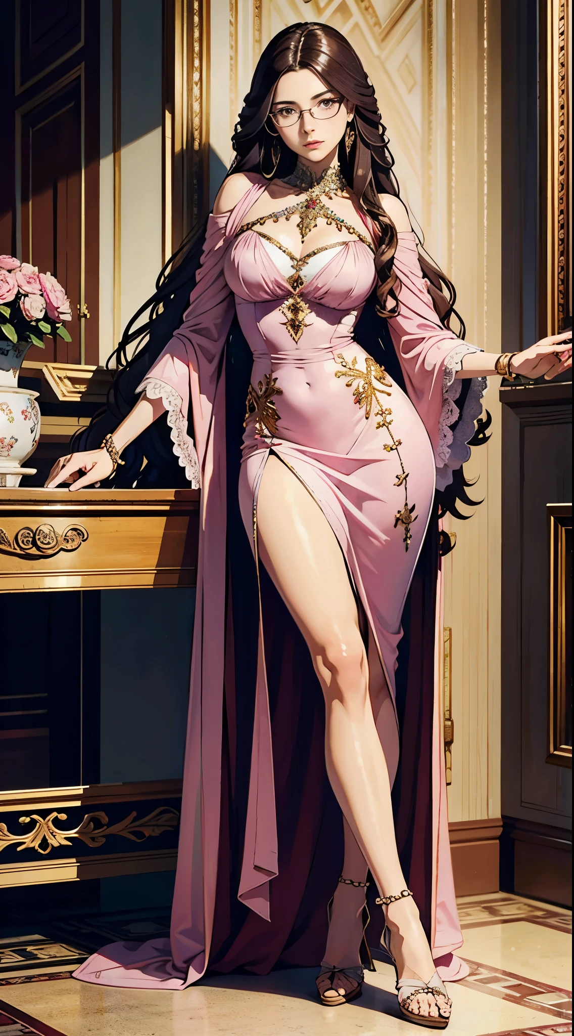 Beautiful italian woman, ((best quality)), ((masterpiece)), ( extreme detailed, highest detailed, official art, beautiful and aesthetic:1.2), absurdly long hair, hair between eyes, brown hair, pink eyes, (((glasses))), beautiful jewerly dress, high heels,
