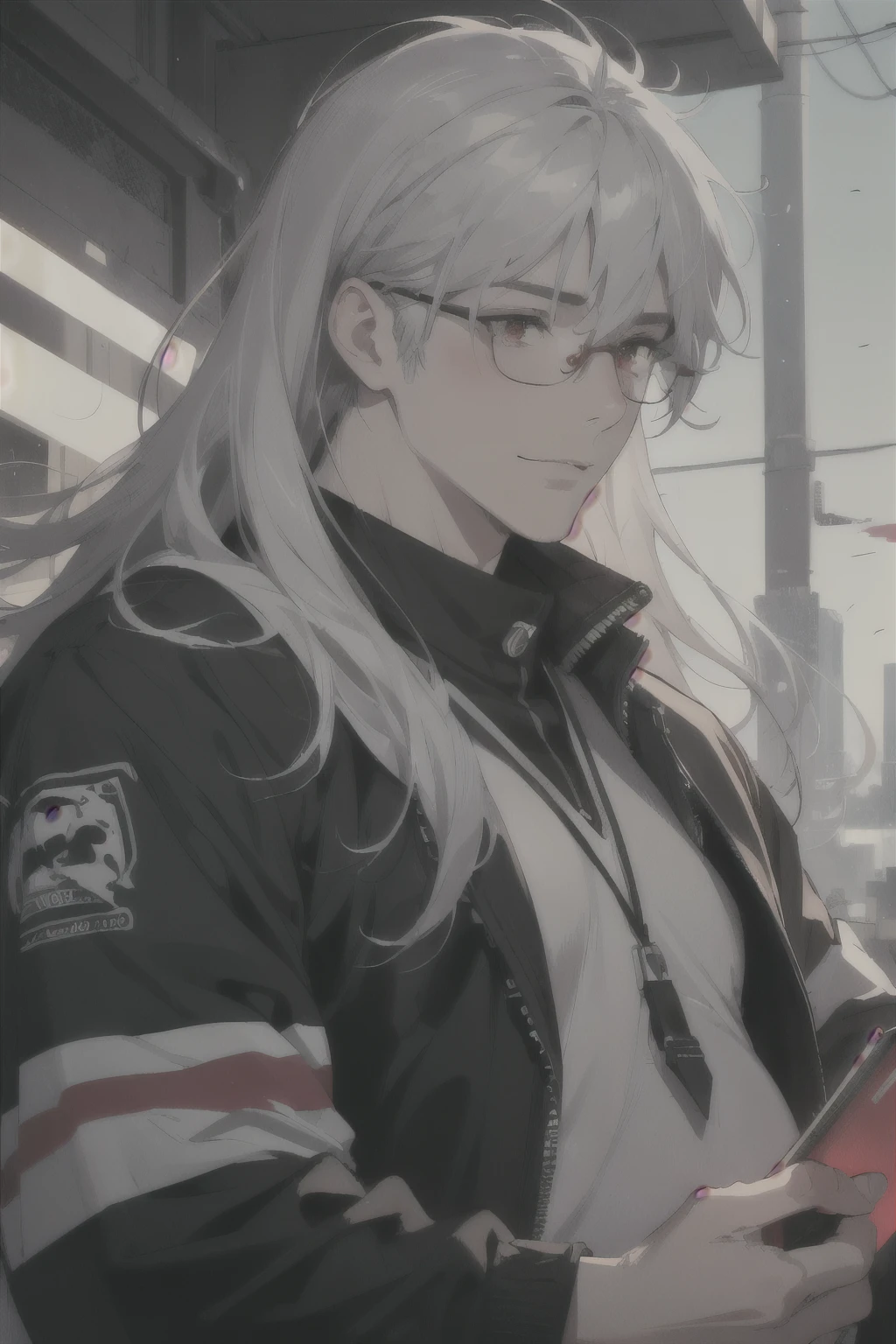 midjourney, ((best quality)), ((masterpiece)), (detailed), perfect face, 1male, handsome male, 30 to 40 years old, ((silver hair, extra long hair, messy hair)), ((red eyes)), depth of field, glasses, dark bags under eyes, smile, blush, (fat (chubby)), ((clean shaven)), cyberpunk aesthetic, vivid colors, [[[reading]]]