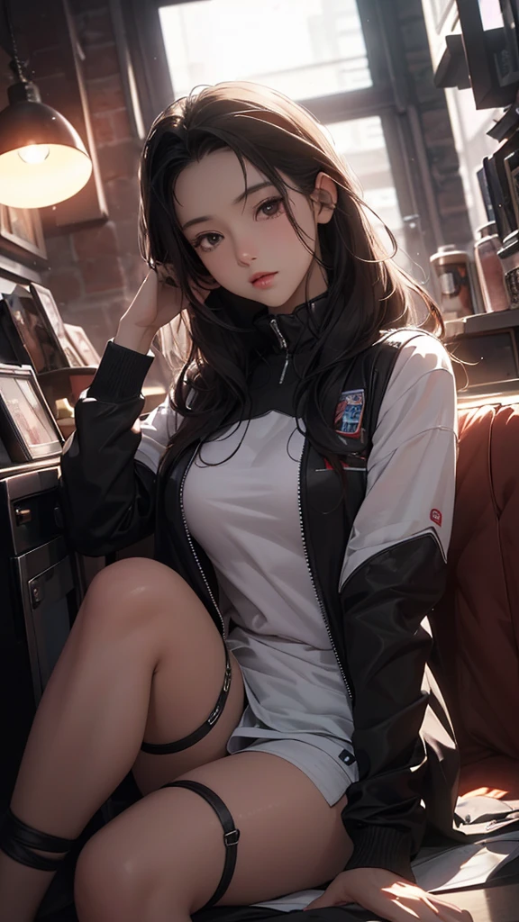 ((Highly detailed CG unit 8k wallpaper, masterpiece, High resolution, highest quality)), (Beautiful woman, put one's hand in one's pocket:1.2, Sitting on the ground:1.2, cyber punk系ファッション, bondage), ((highly detailed face, Highly detailed black eyes, detailed body, highest qualityのリアルテクスチャスキン)), (black hair, white skin, ), (cyber punk, warm color), (high angle:1.2), hyper realistic, digital painting, concept art,
