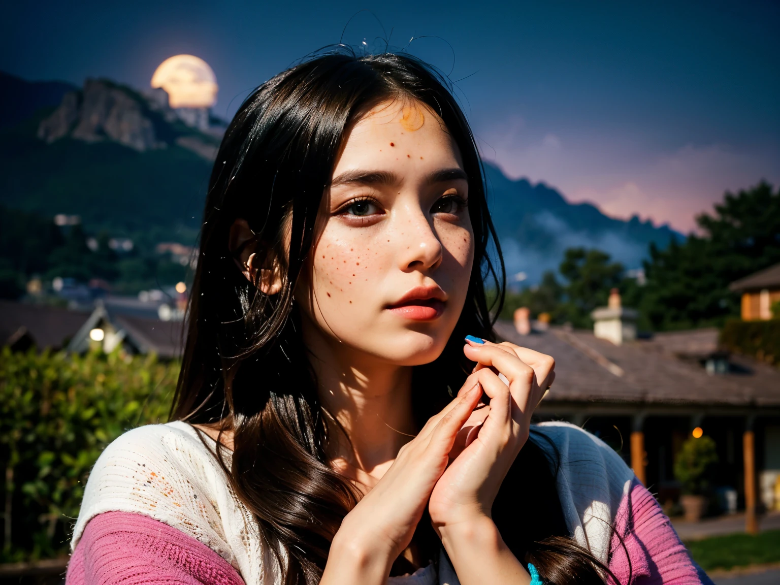 RAW photo,(masterpiece:1.3),(best quality,ultra detailed,intricate),professional photography,professional lighting,HDR,High Dynamic Range,(((photo realistic,ultra realistic,photorealistic,8k uhd))),beautiful and aesthetic,looking to the viewer,looking gorgeous,photo of beautiful 26 y.o woman, 4k uhd, high quality, dramatic, cinematic, (long flowy (ombre hair:1.2)), (freckles:1.2), imaginary floral patterns, mist of fragrance, noticeable shoes, the bird seed in her hands, growing into birds, giants shelter her body, intricate ornate structure, radiating, the night sky, deep dark shadows, hide new seasons, the woman is aware and watching us
