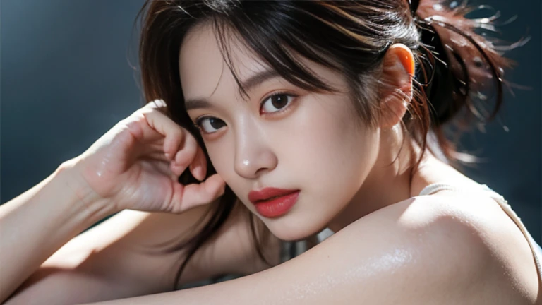 Highly detailed CG Unity 8k wallpaper, top quality, super detailed, masterpiece, realistic, photo realistic, very detailed cute girl, 25 years old, slim body, round eyes, viewer, blush, parted lips, half body shot ,
sportswear , gym, down shot ,